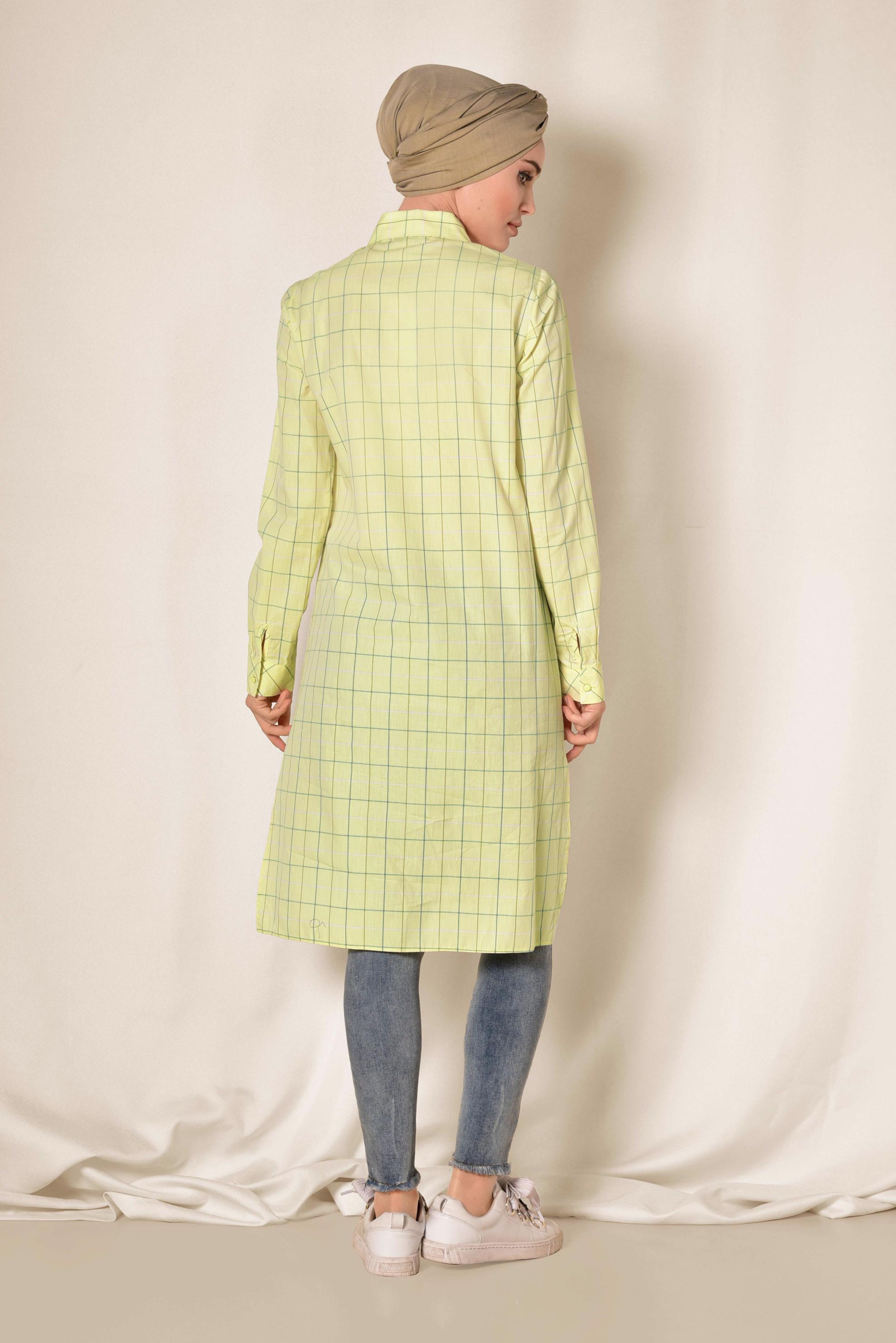 Tesettür giyim SARI KARE DESENLİ DÜĞMELİ TUNİK 4980