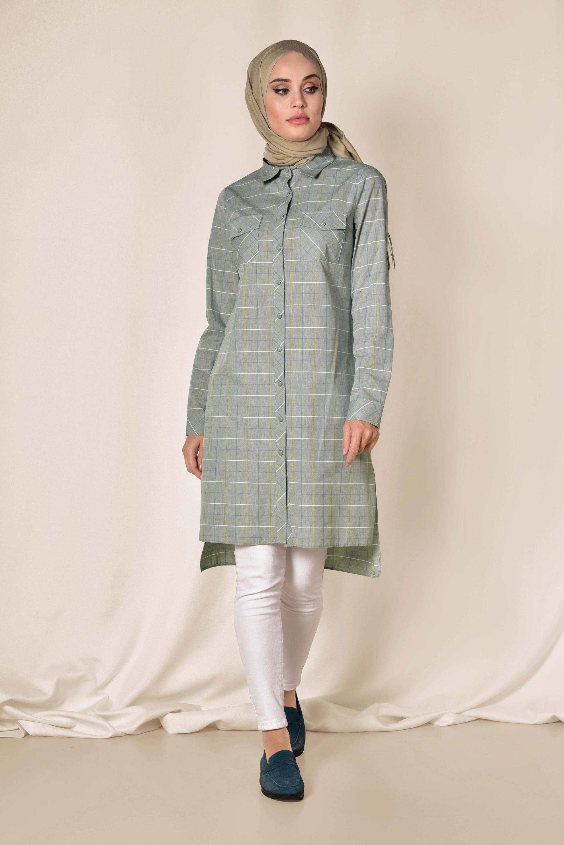 Tesettür giyim HAKİ KARE DESENLİ DÜĞMELİ TUNİK 4980