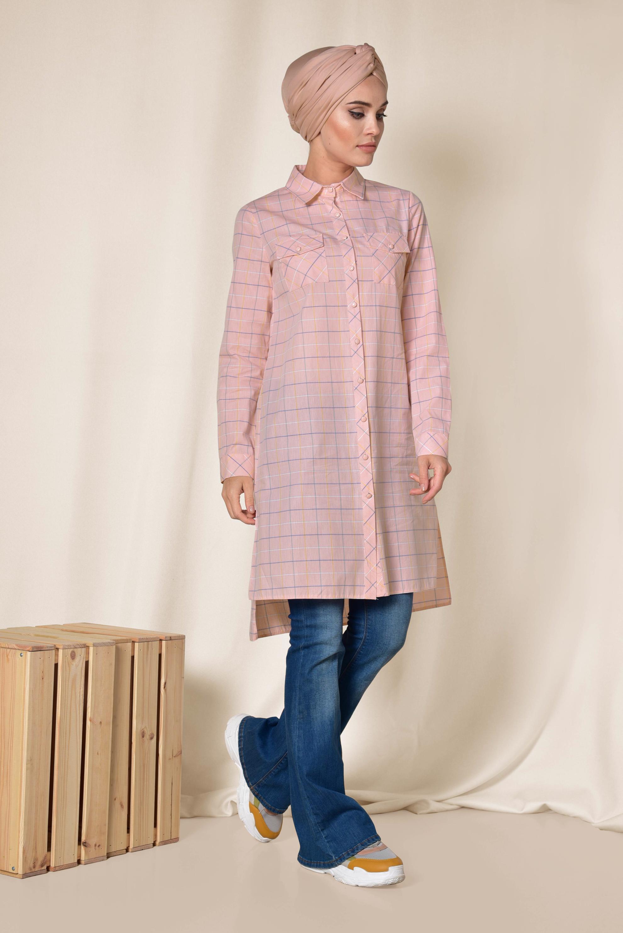 Tesettür giyim PEMBE KARE DESENLİ DÜĞMELİ TUNİK 4980