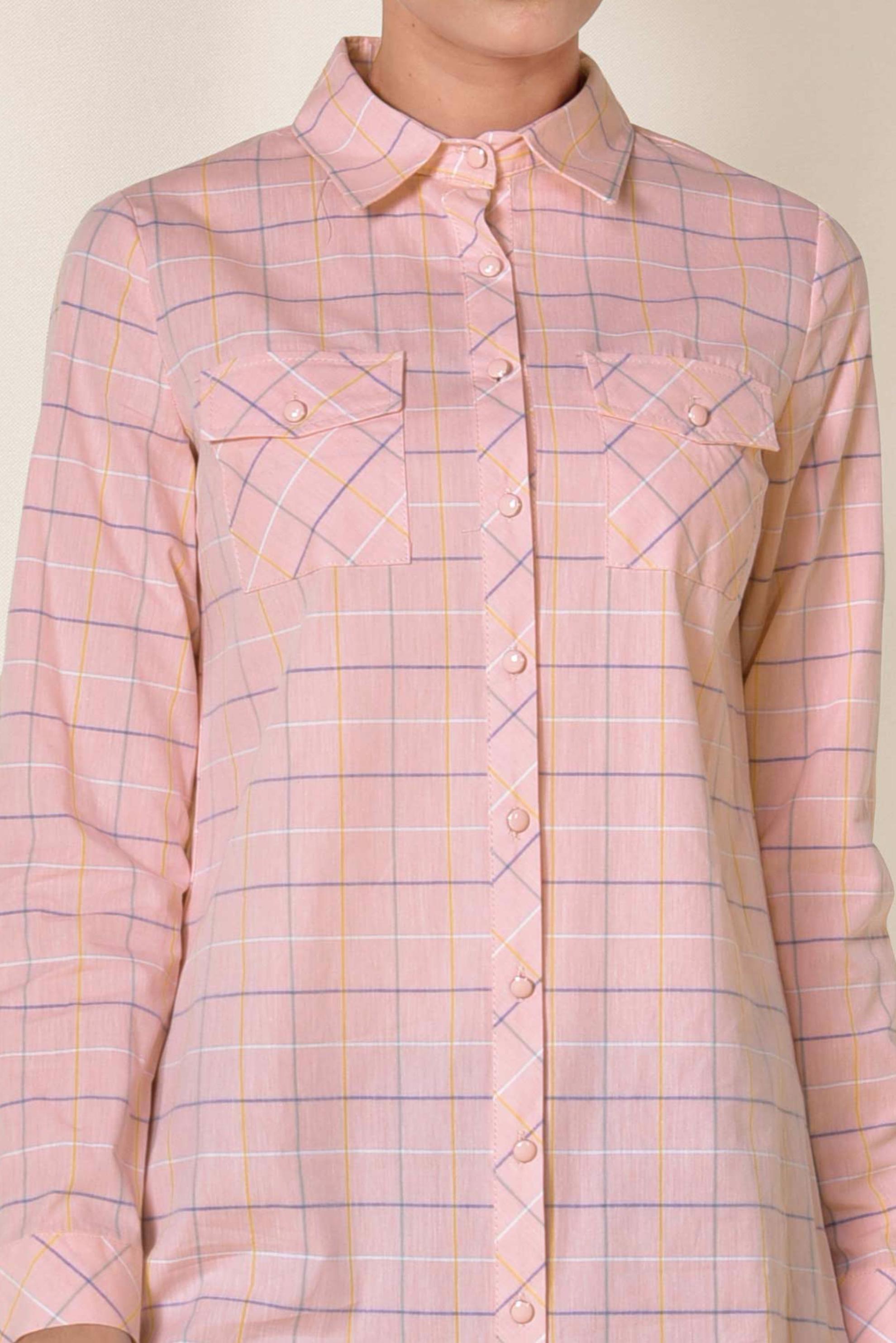 Tesettür giyim PEMBE KARE DESENLİ DÜĞMELİ TUNİK 4980