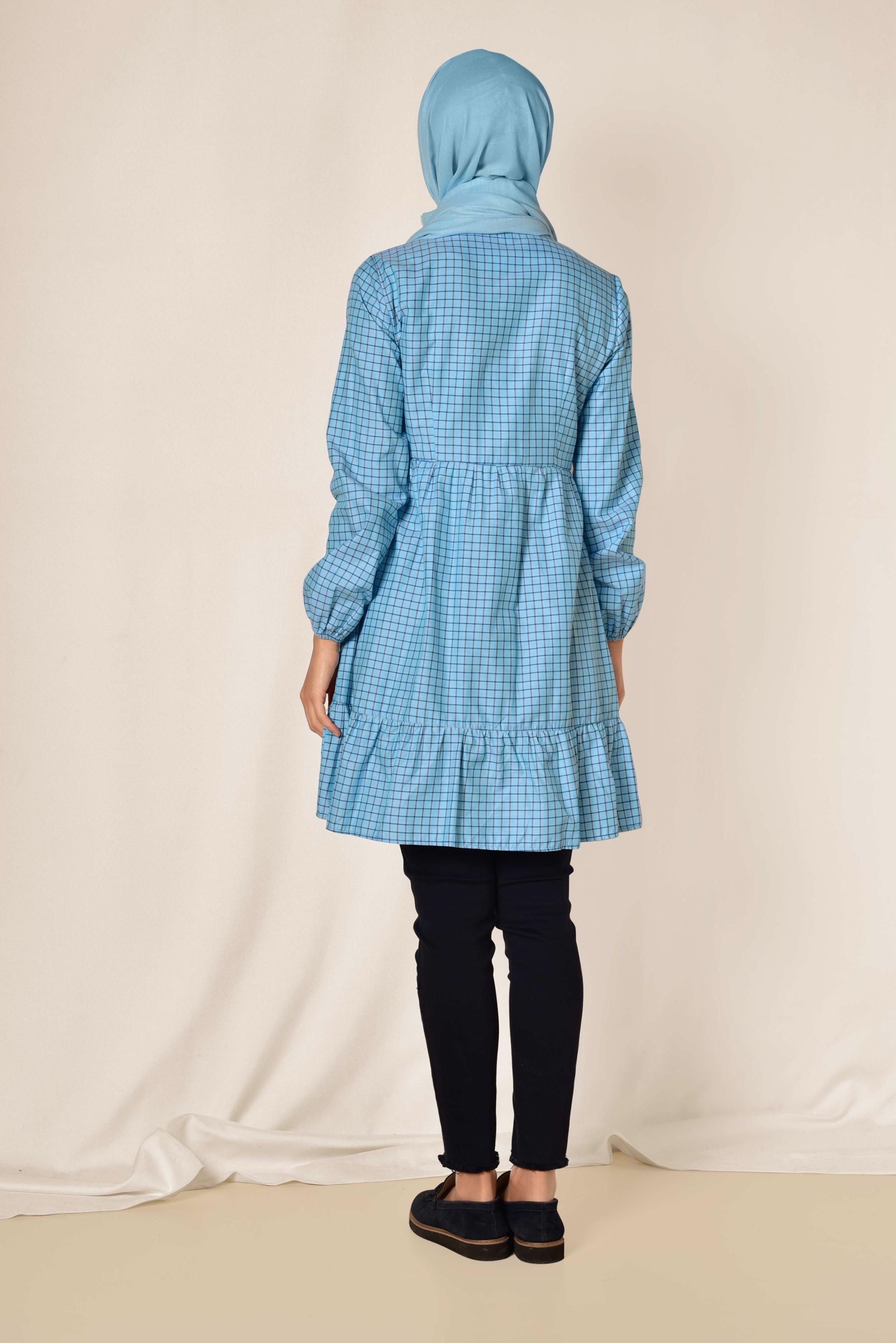 Tesettür giyim MAVİ KARE DESENLİ BOYNU BAĞCIKLI BALON KOL TUNİK 4982