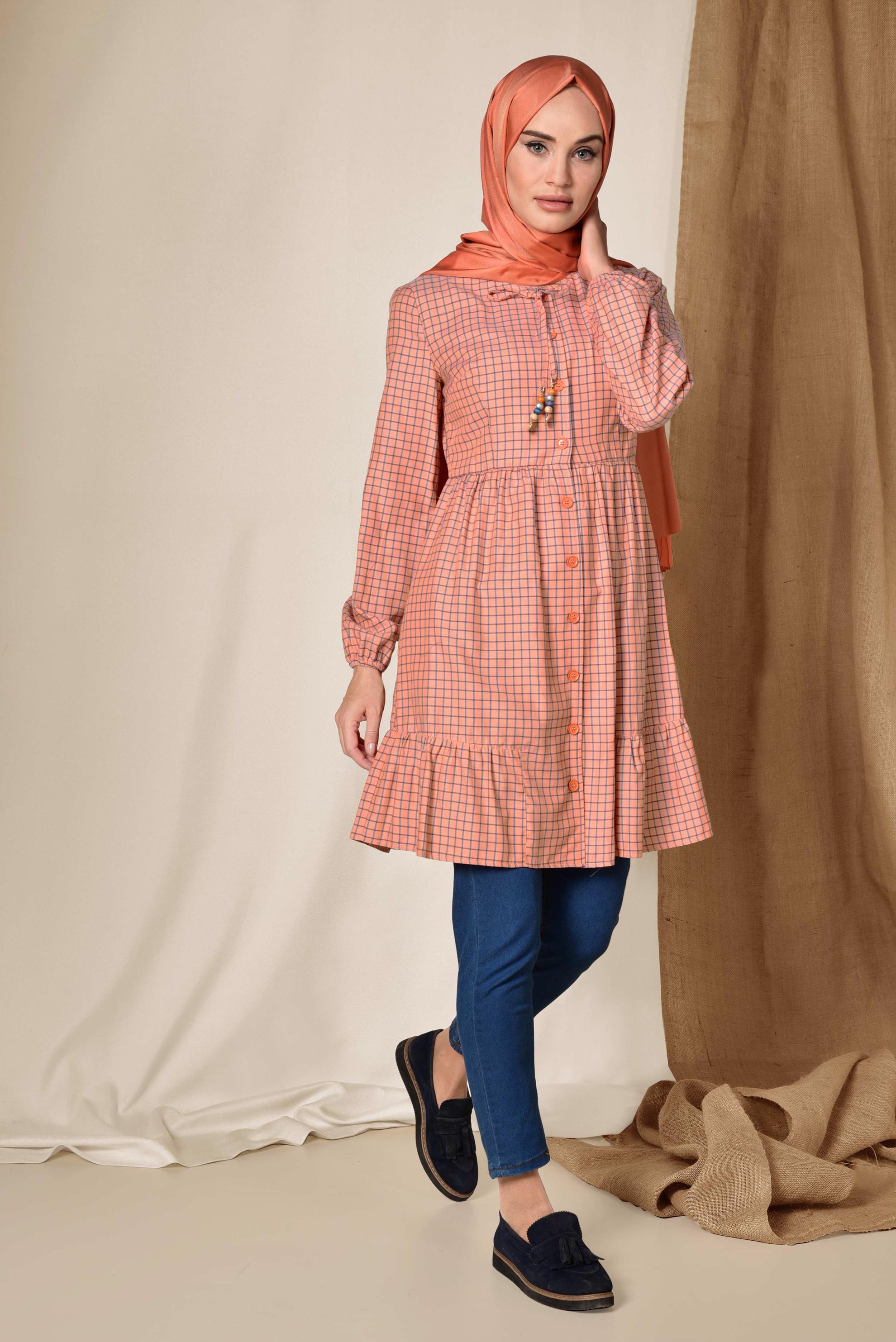 Tesettür giyim TURUNCU KARE DESENLİ BOYNU BAĞCIKLI BALON KOL TUNİK 4982