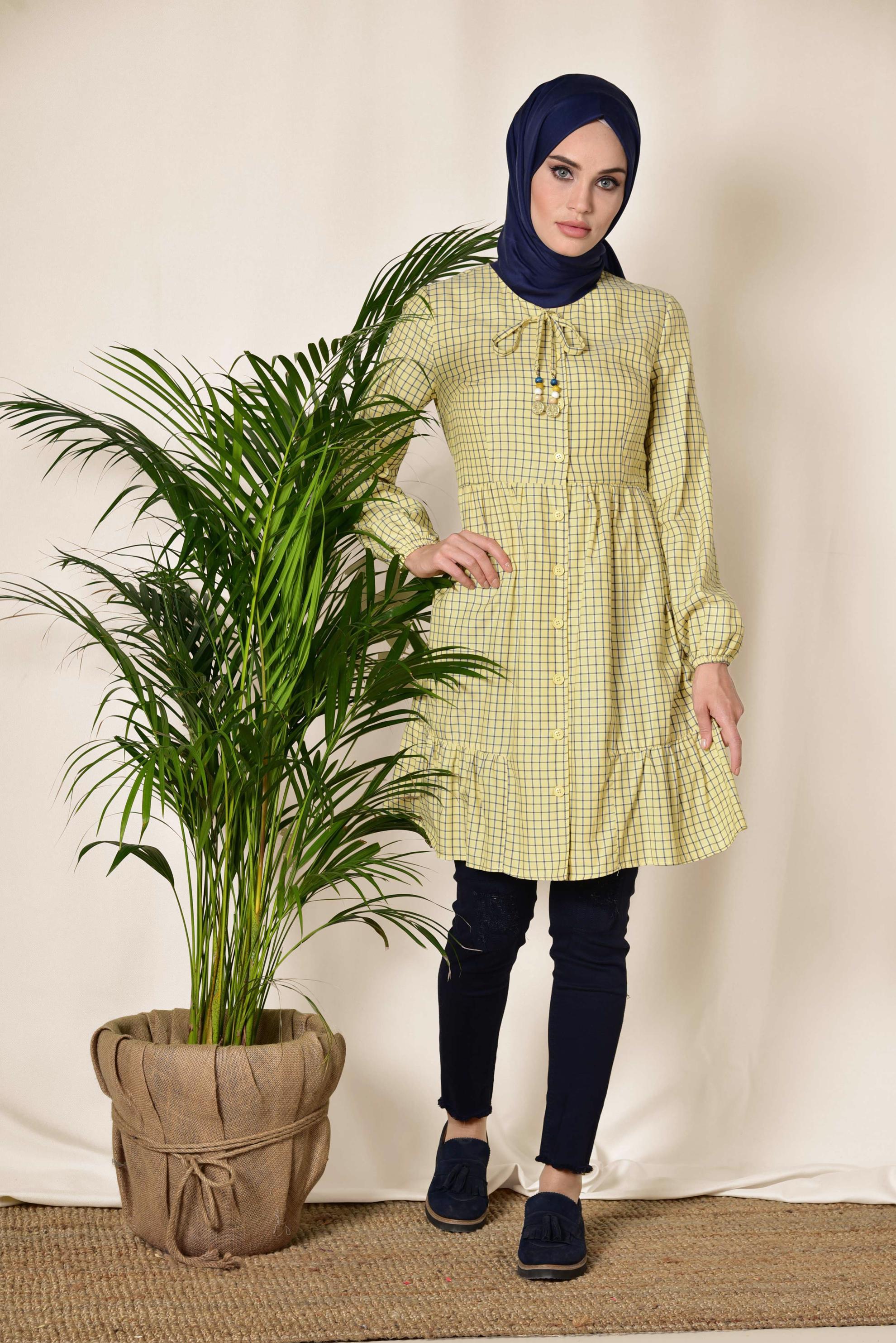 Tesettür giyim SARI KARE DESENLİ BOYNU BAĞCIKLI BALON KOL TUNİK 4982