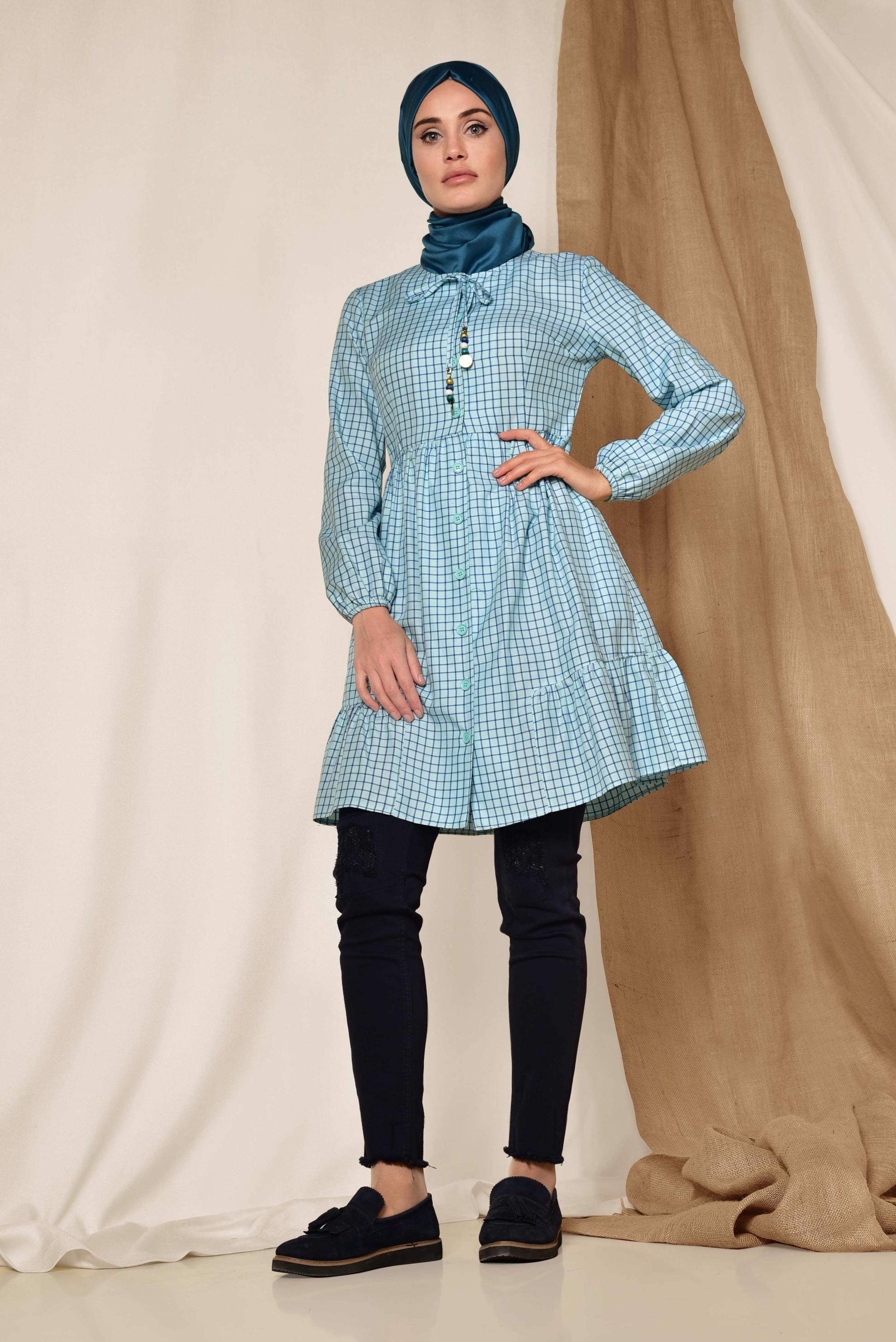 Tesettür giyim YEŞİL KARE DESENLİ BOYNU BAĞCIKLI BALON KOL TUNİK 4982