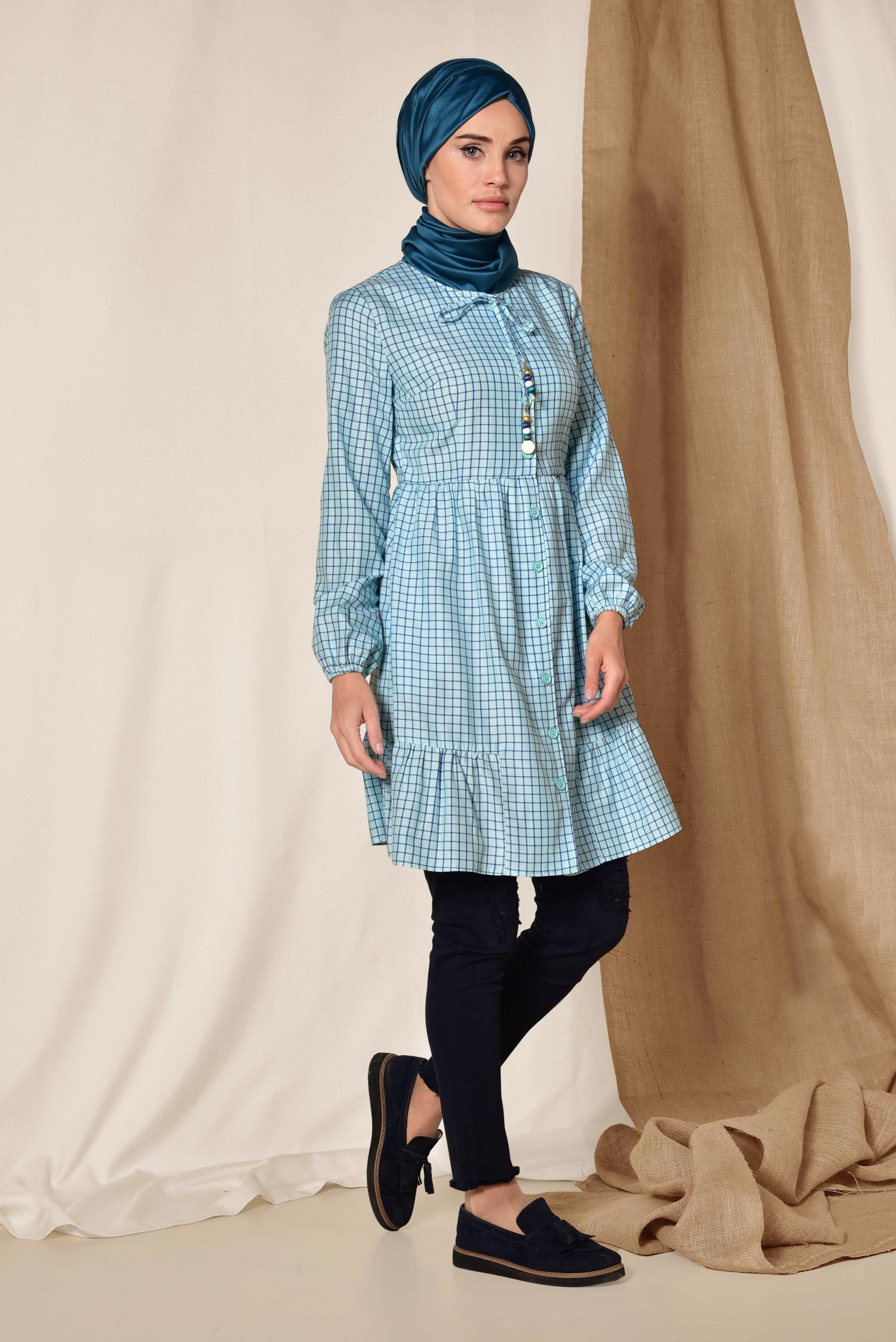 Tesettür giyim YEŞİL KARE DESENLİ BOYNU BAĞCIKLI BALON KOL TUNİK 4982