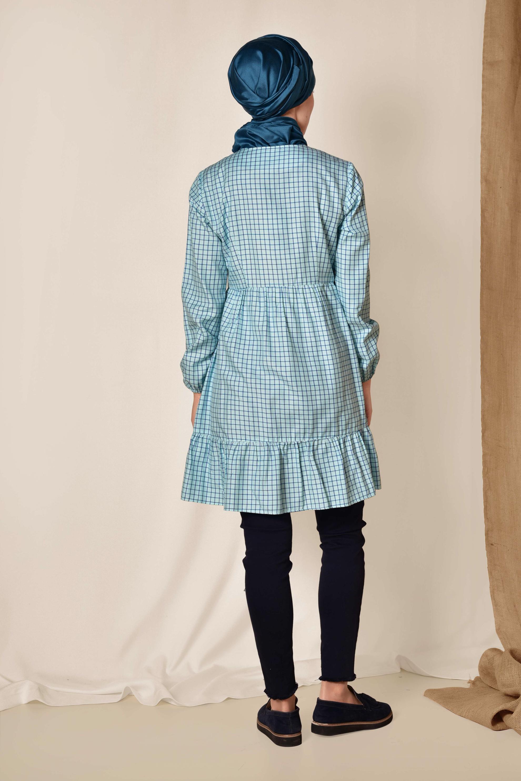 Tesettür giyim YEŞİL KARE DESENLİ BOYNU BAĞCIKLI BALON KOL TUNİK 4982