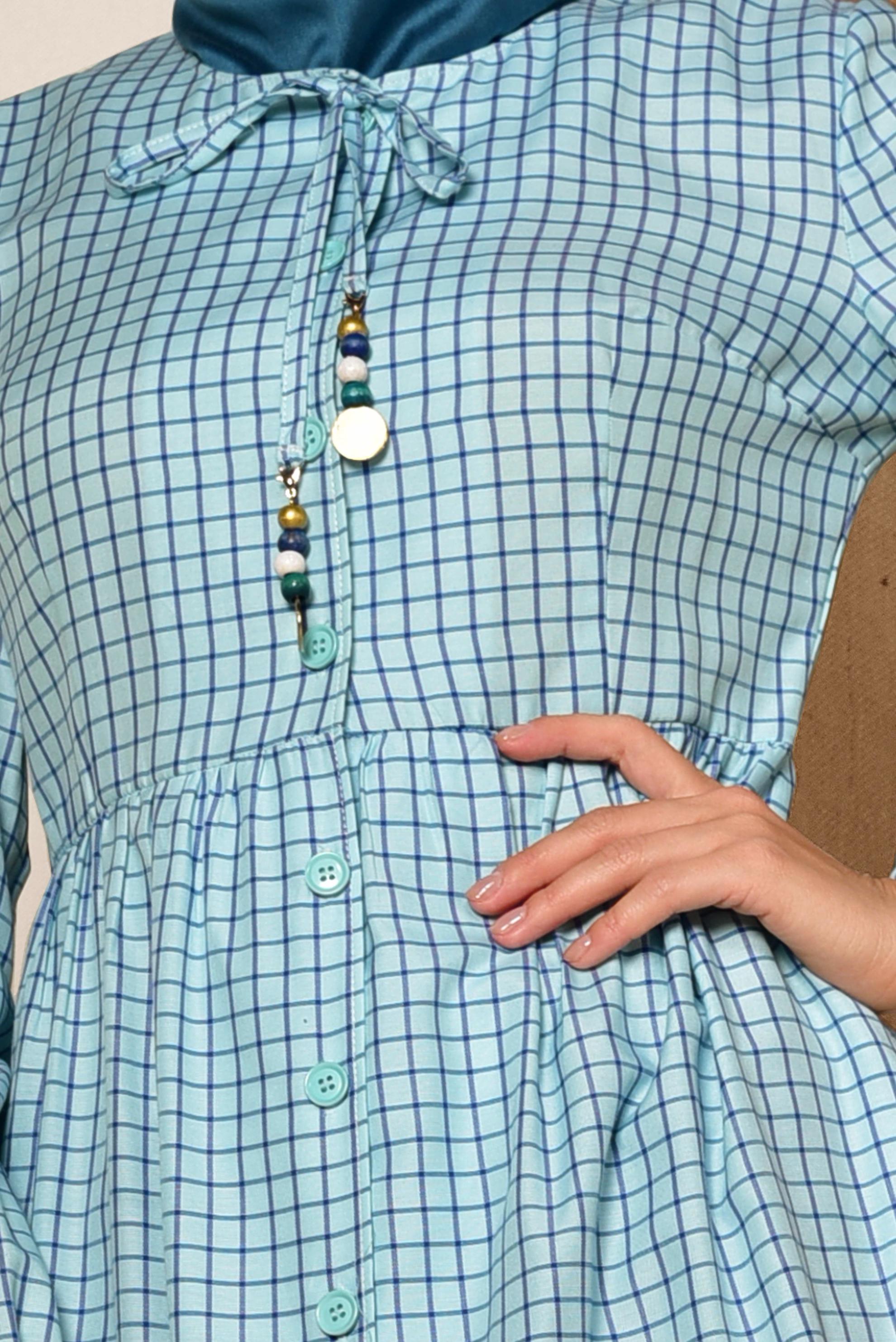 Tesettür giyim YEŞİL KARE DESENLİ BOYNU BAĞCIKLI BALON KOL TUNİK 4982