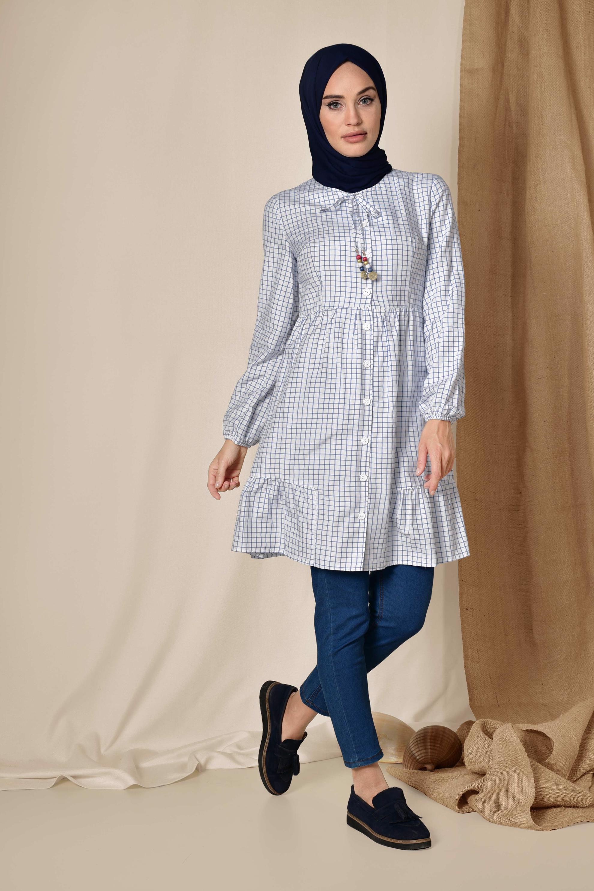 Tesettür giyim EKRU KARE DESENLİ BOYNU BAĞCIKLI BALON KOL TUNİK 4982