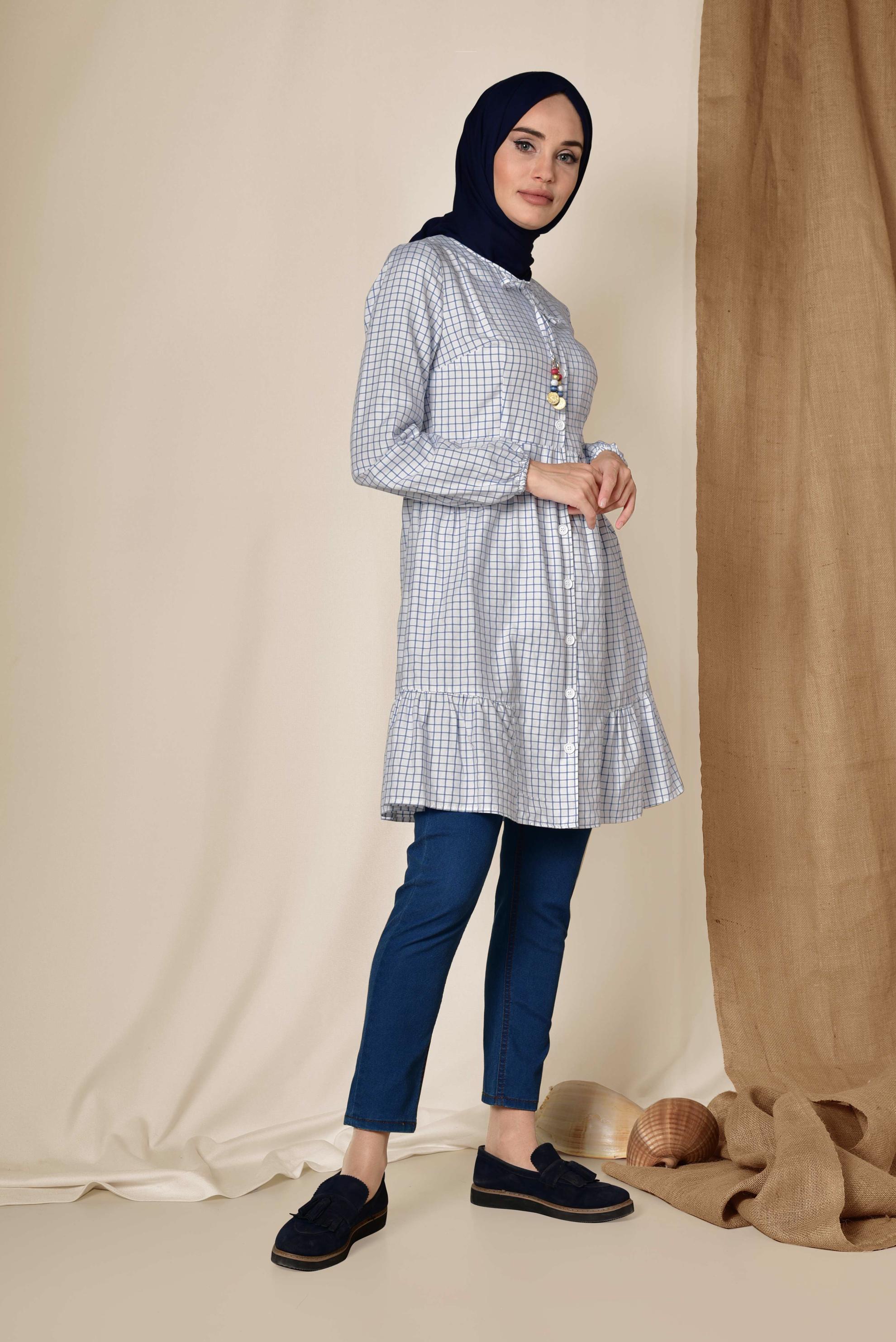 Tesettür giyim EKRU KARE DESENLİ BOYNU BAĞCIKLI BALON KOL TUNİK 4982