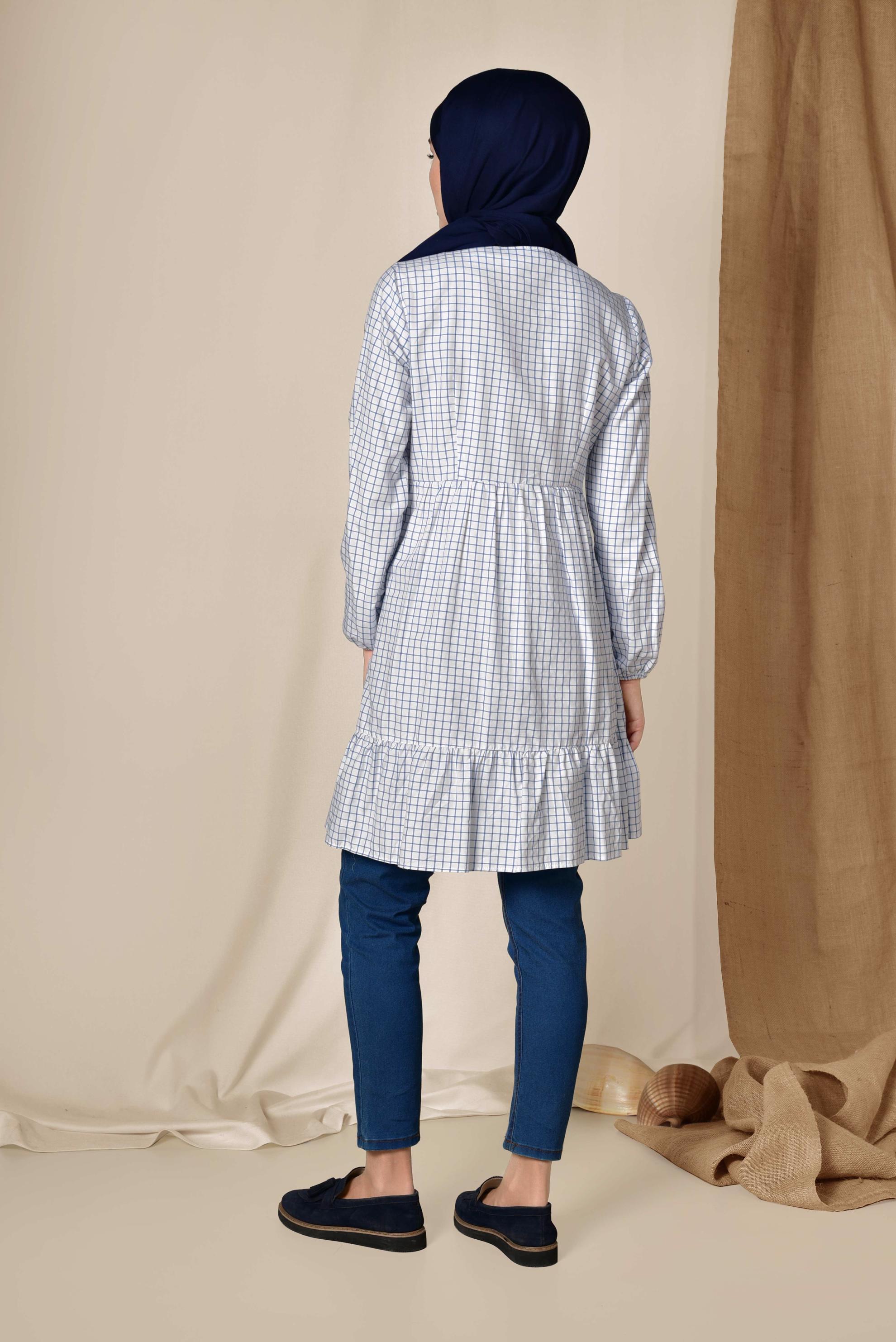 Tesettür giyim EKRU KARE DESENLİ BOYNU BAĞCIKLI BALON KOL TUNİK 4982