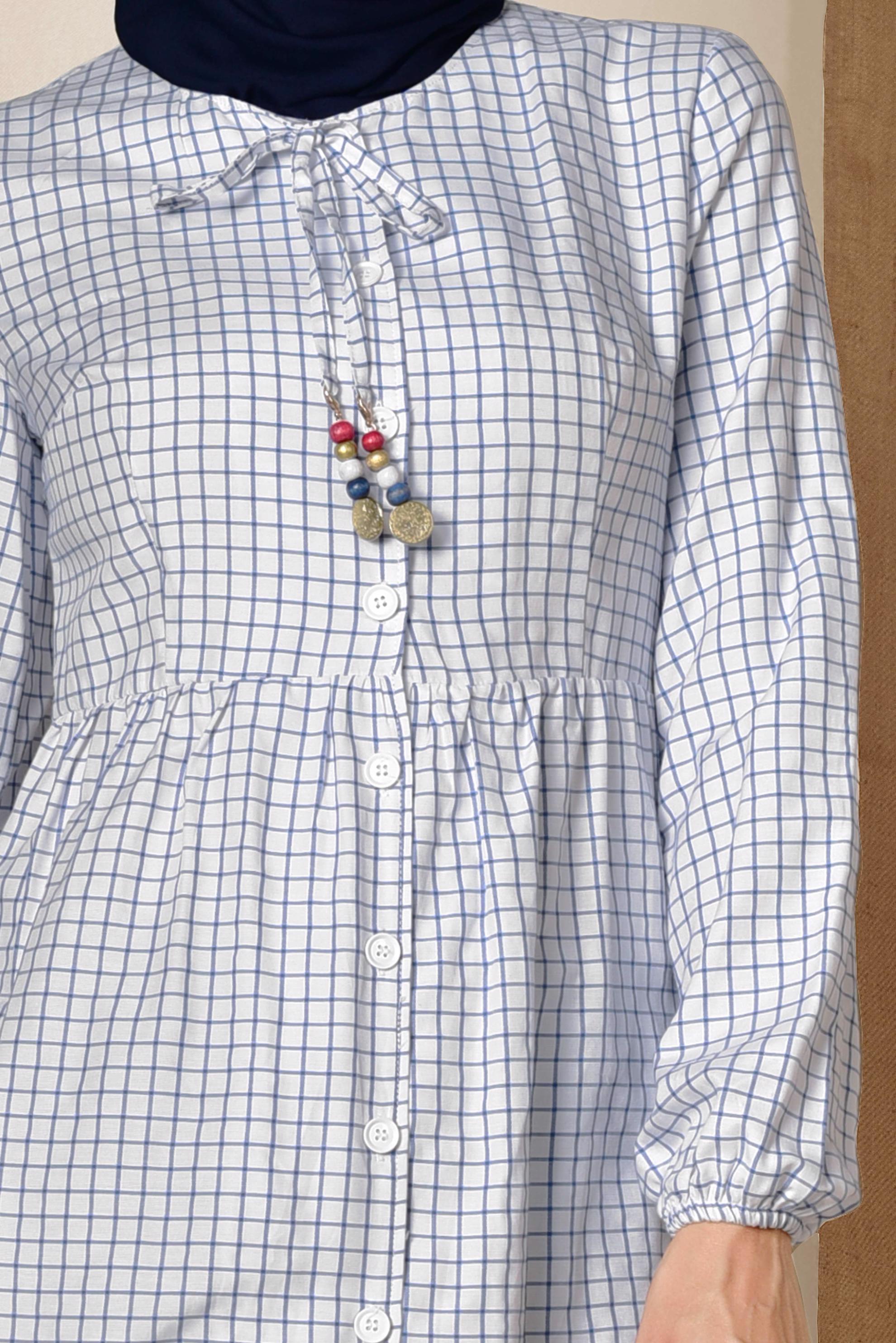 Tesettür giyim EKRU KARE DESENLİ BOYNU BAĞCIKLI BALON KOL TUNİK 4982