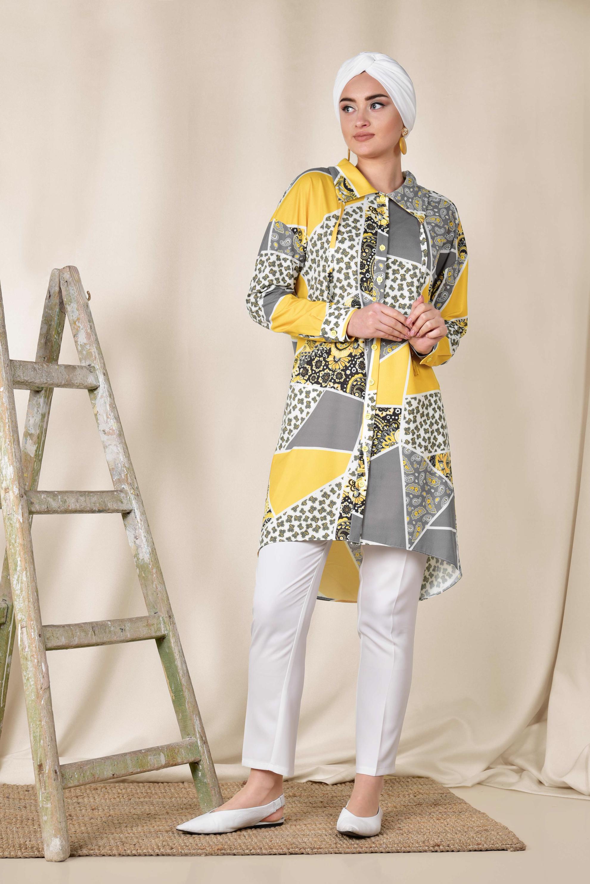 Tesettür giyim SARI RENKLİ DESENLİ ÖNDEN DÜĞMELİ TUNİK 4983