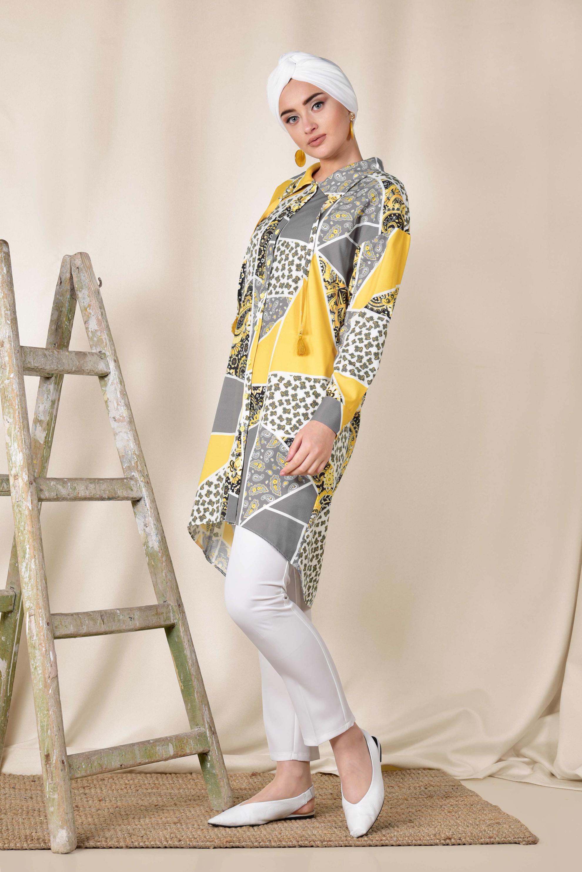 Tesettür giyim SARI RENKLİ DESENLİ ÖNDEN DÜĞMELİ TUNİK 4983