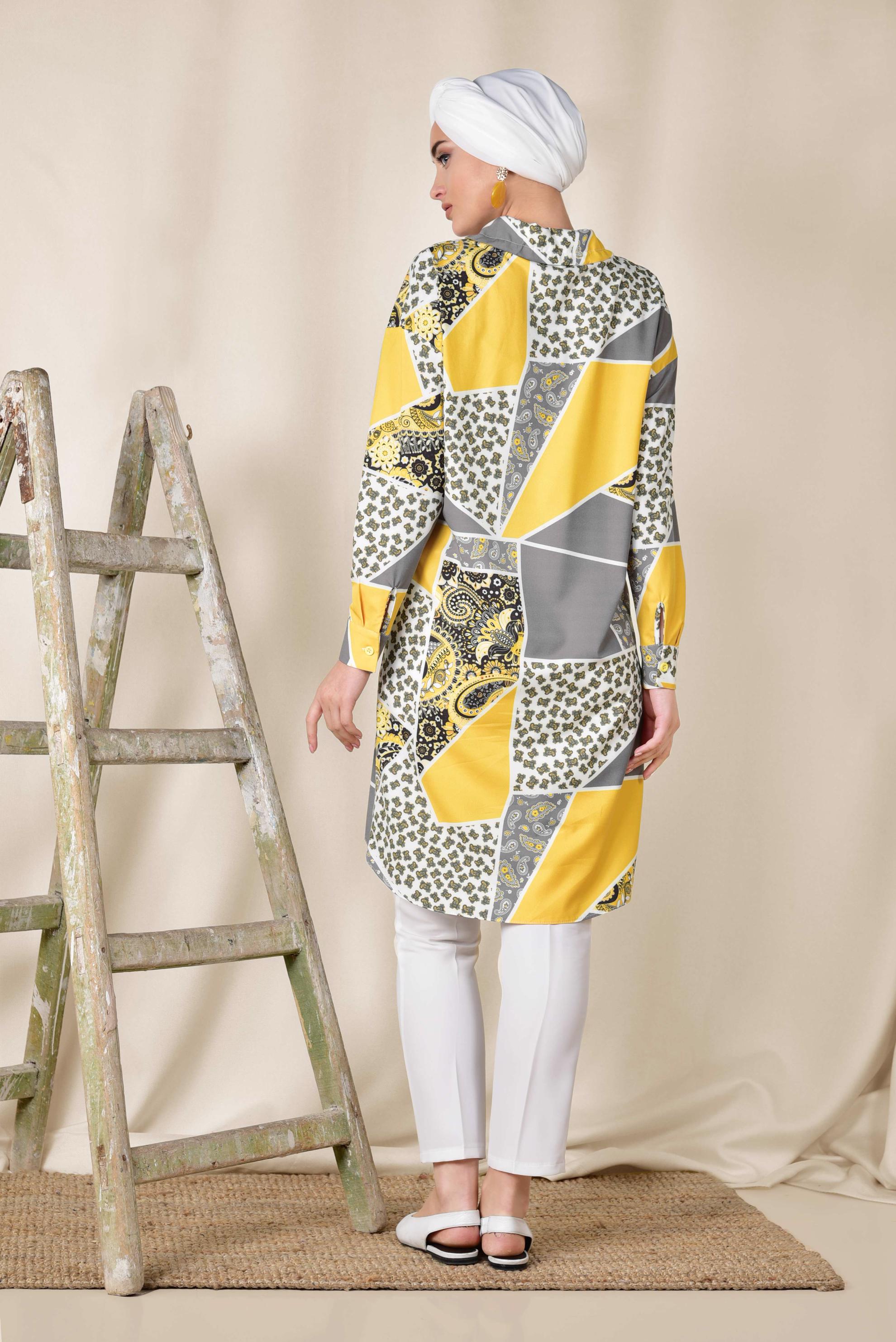 Tesettür giyim SARI RENKLİ DESENLİ ÖNDEN DÜĞMELİ TUNİK 4983