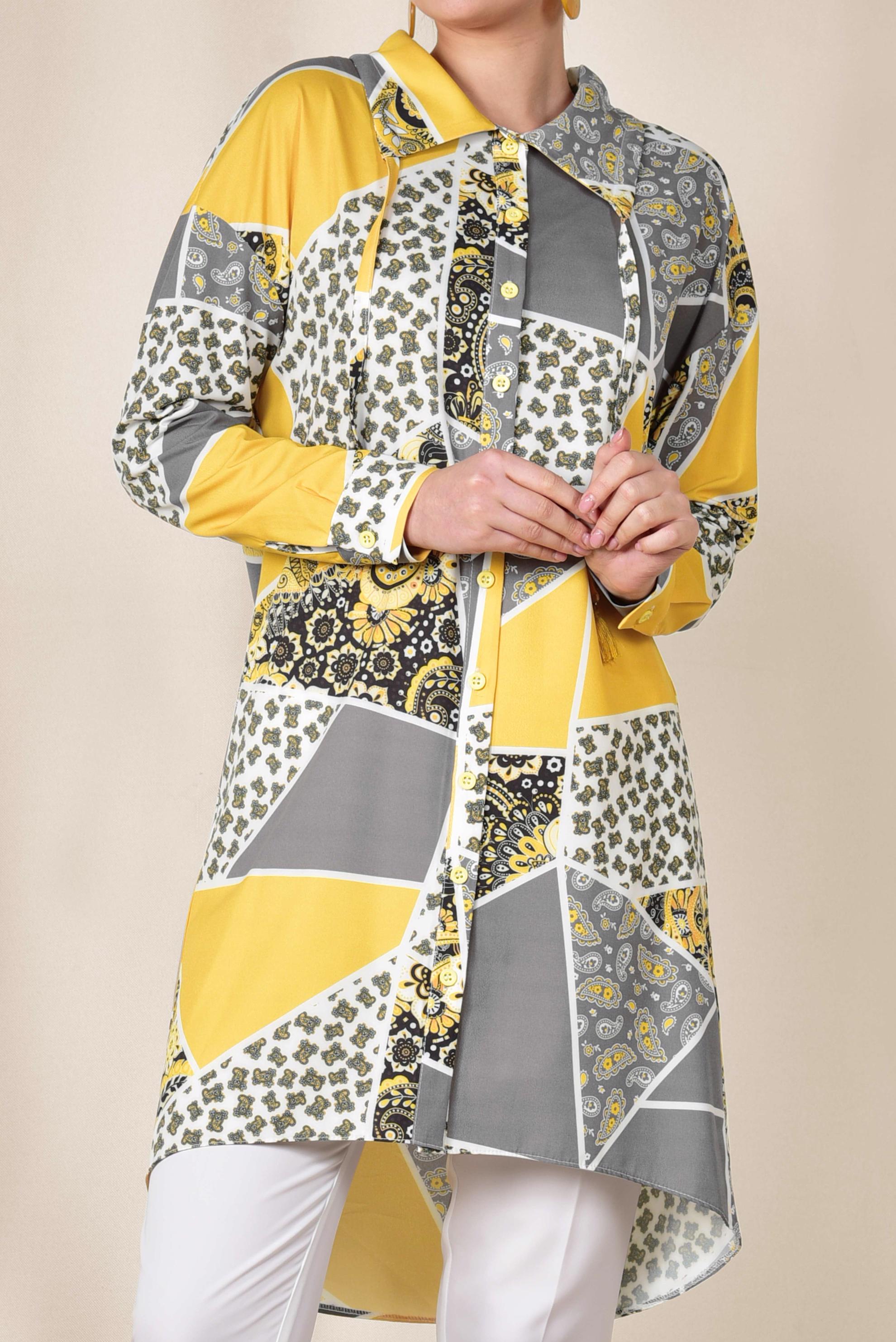 Tesettür giyim SARI RENKLİ DESENLİ ÖNDEN DÜĞMELİ TUNİK 4983