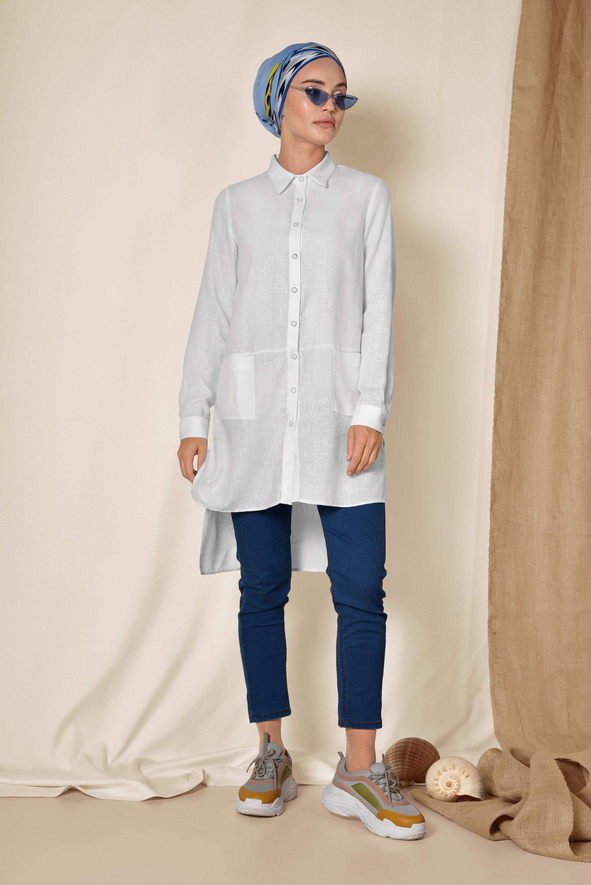 Tesettür giyim BEYAZ CEPLİ ASİMETRİK KESİM KETEN TUNİK 4985