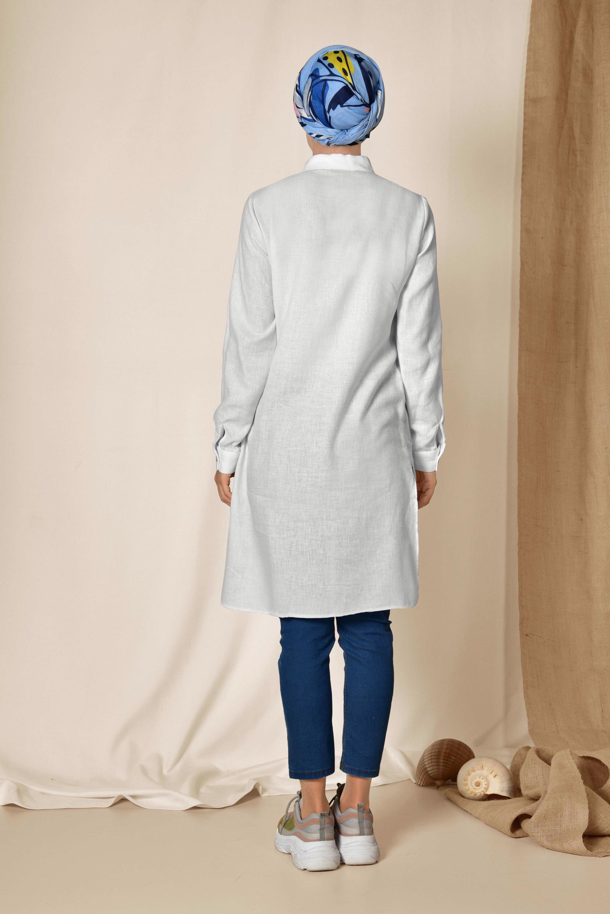 Tesettür giyim BEYAZ CEPLİ ASİMETRİK KESİM KETEN TUNİK 4985