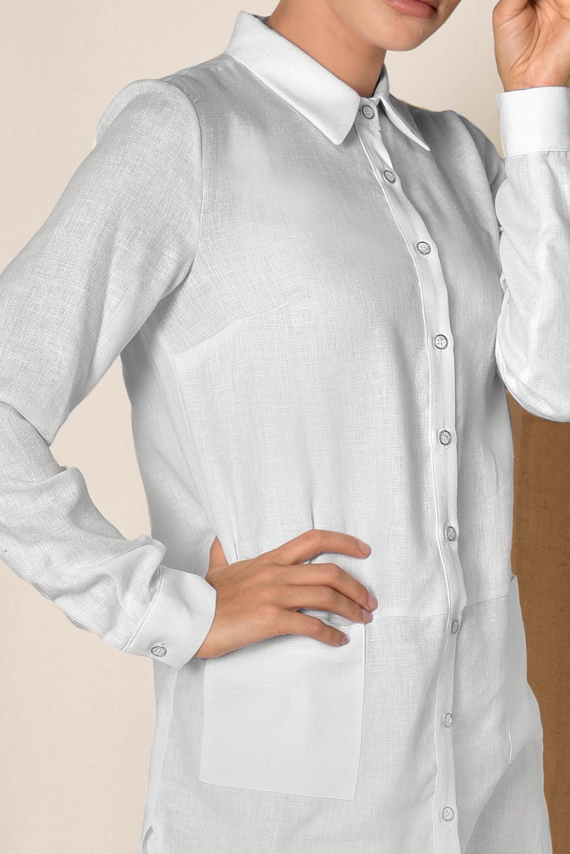 Tesettür giyim BEYAZ CEPLİ ASİMETRİK KESİM KETEN TUNİK 4985