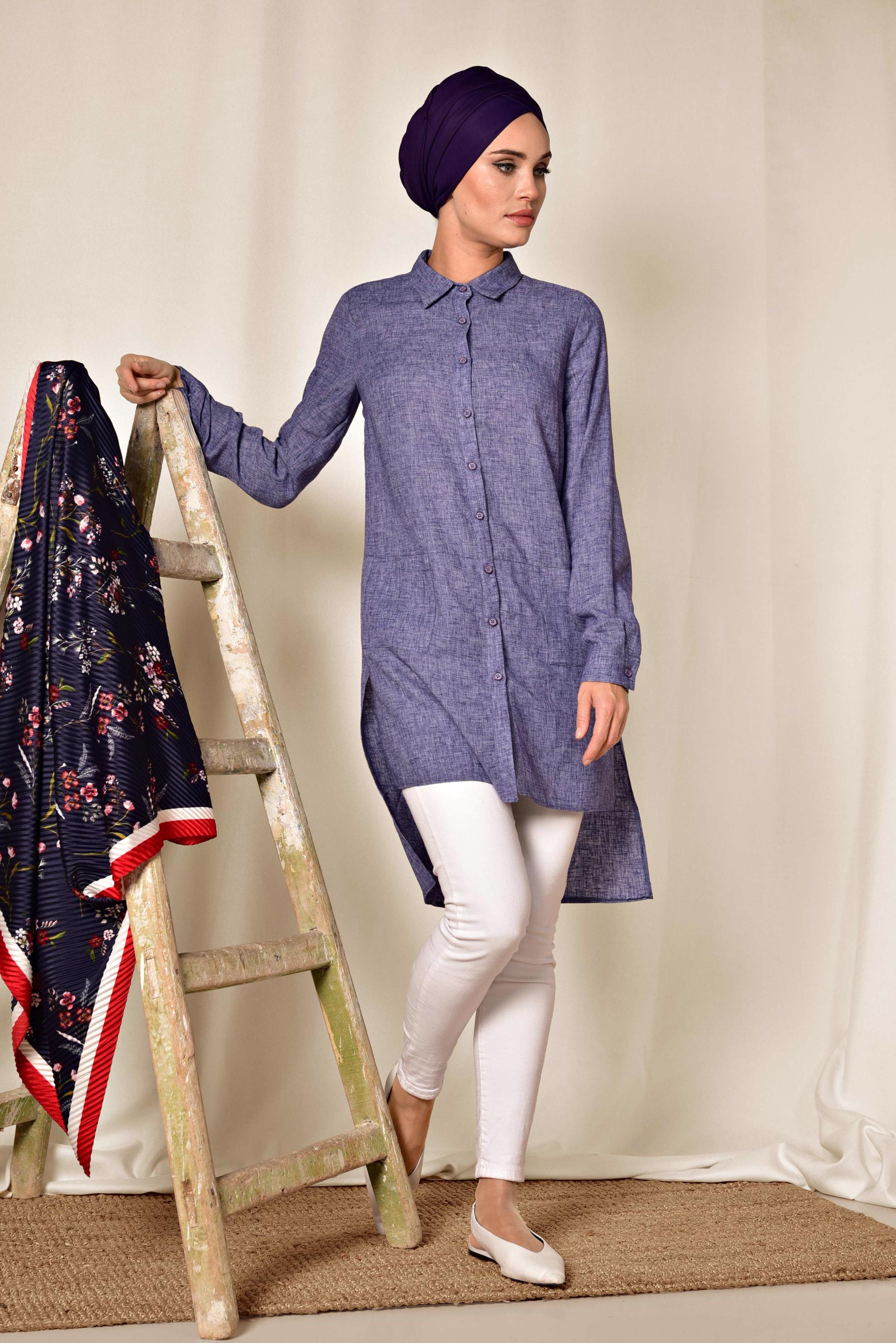 Tesettür giyim MOR CEPLİ ASİMETRİK KESİM KETEN TUNİK 4985