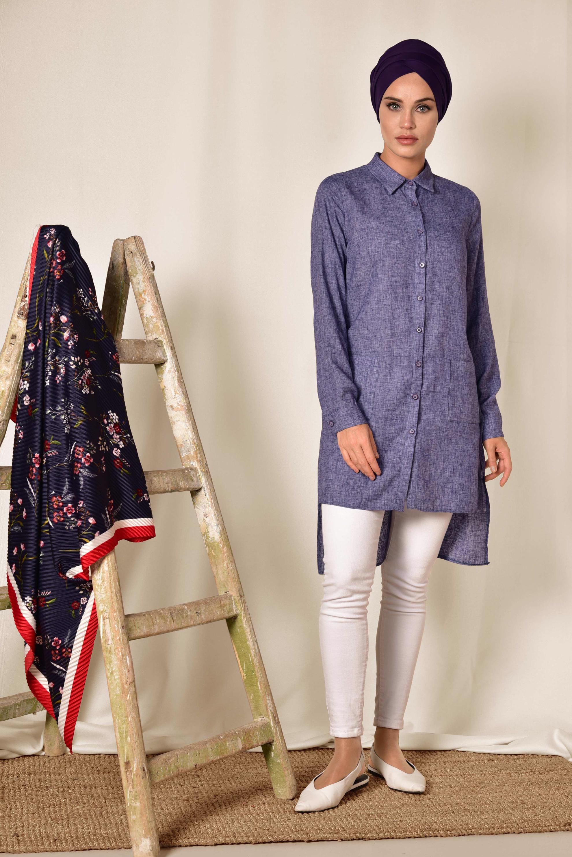 Tesettür giyim MOR CEPLİ ASİMETRİK KESİM KETEN TUNİK 4985