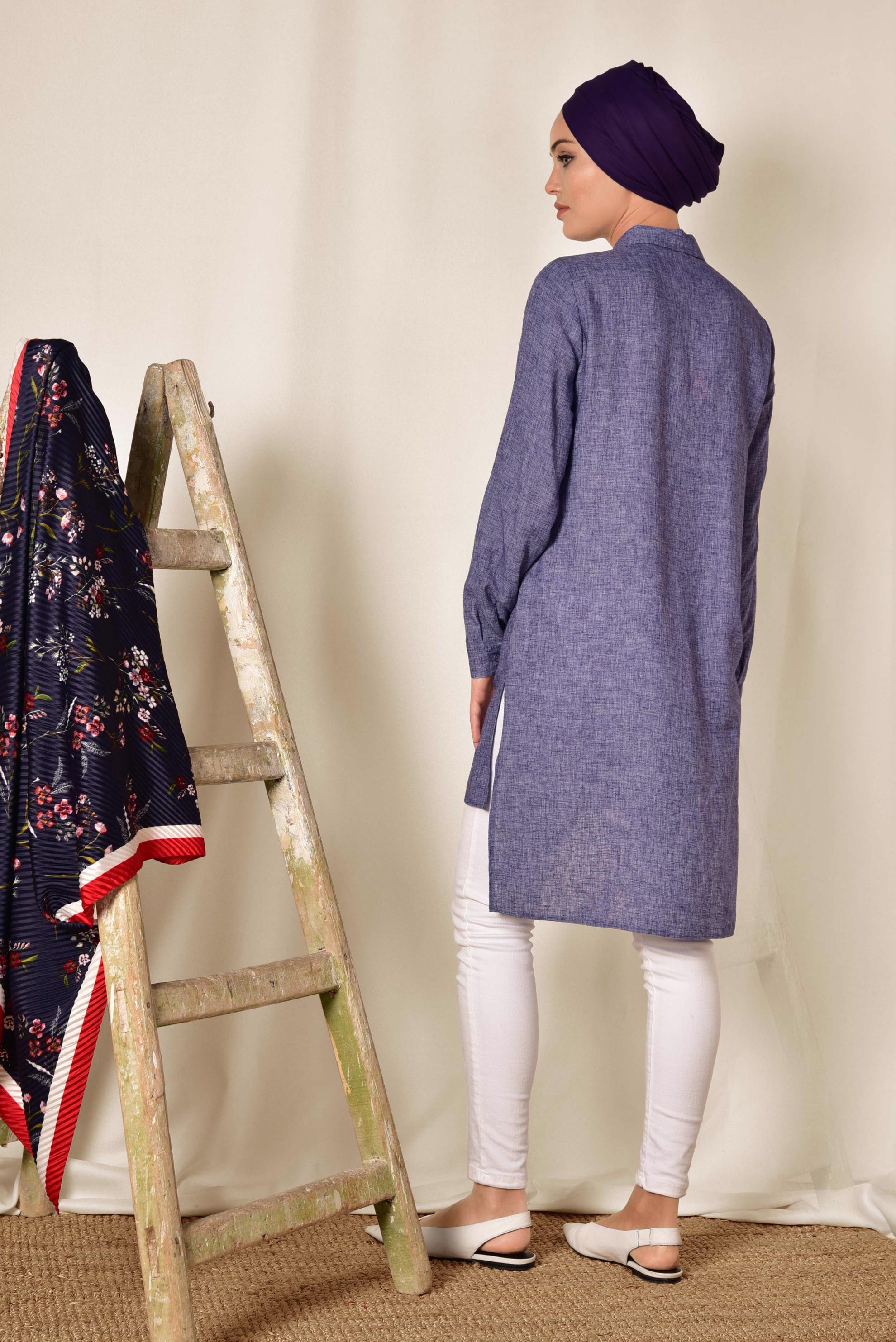 Tesettür giyim MOR CEPLİ ASİMETRİK KESİM KETEN TUNİK 4985