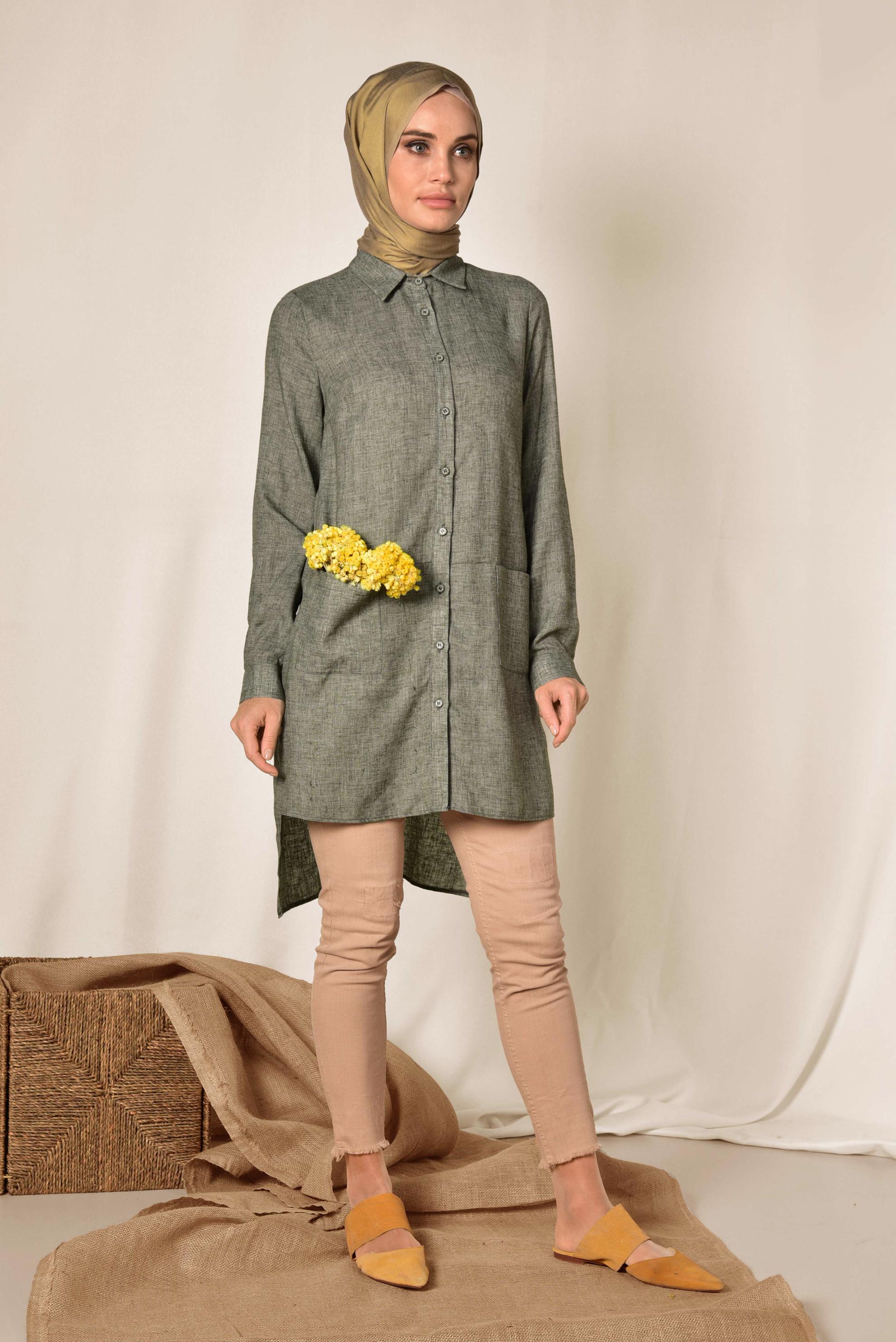 Tesettür giyim HAKİ CEPLİ ASİMETRİK KESİM KETEN TUNİK 4985