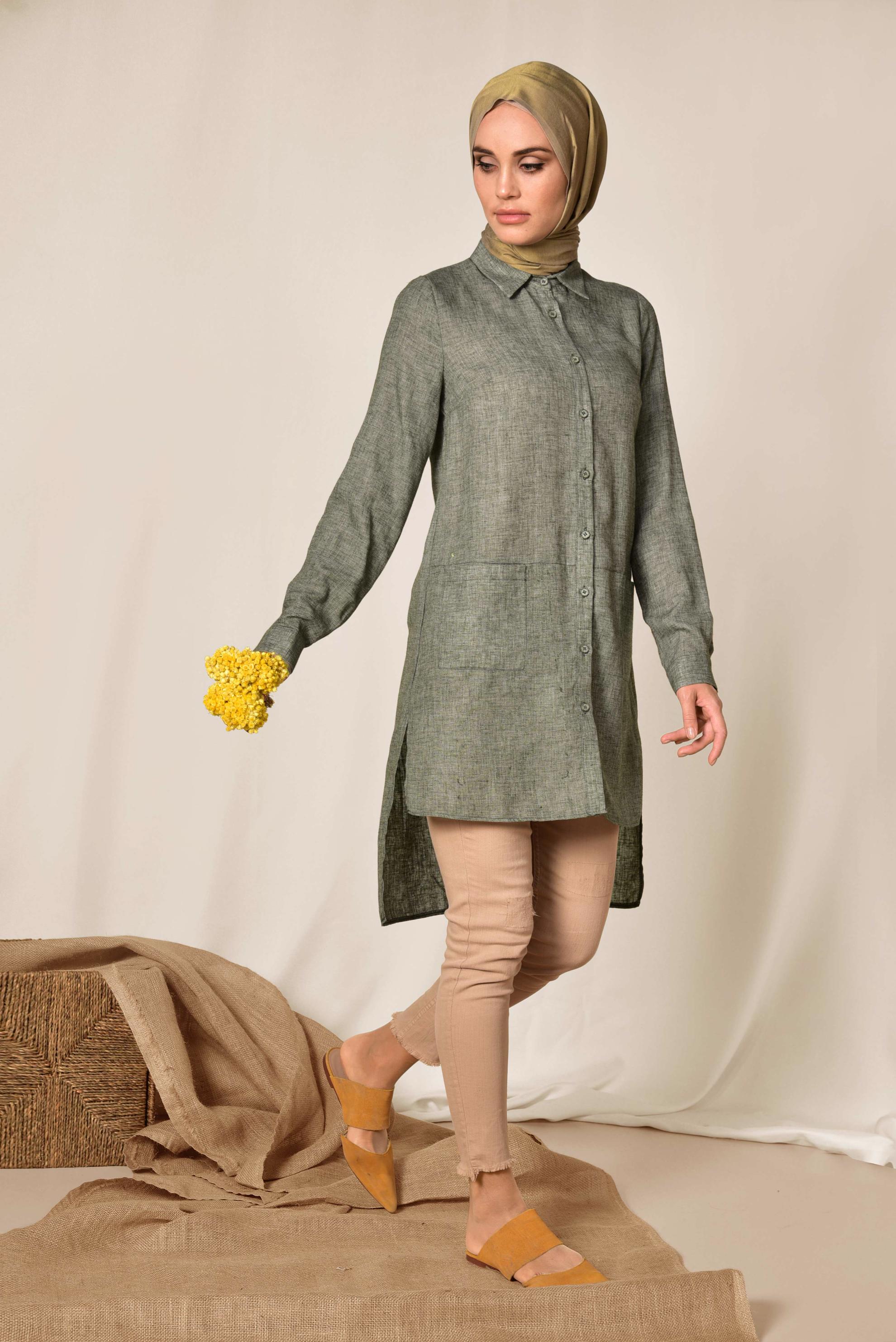 Tesettür giyim HAKİ CEPLİ ASİMETRİK KESİM KETEN TUNİK 4985