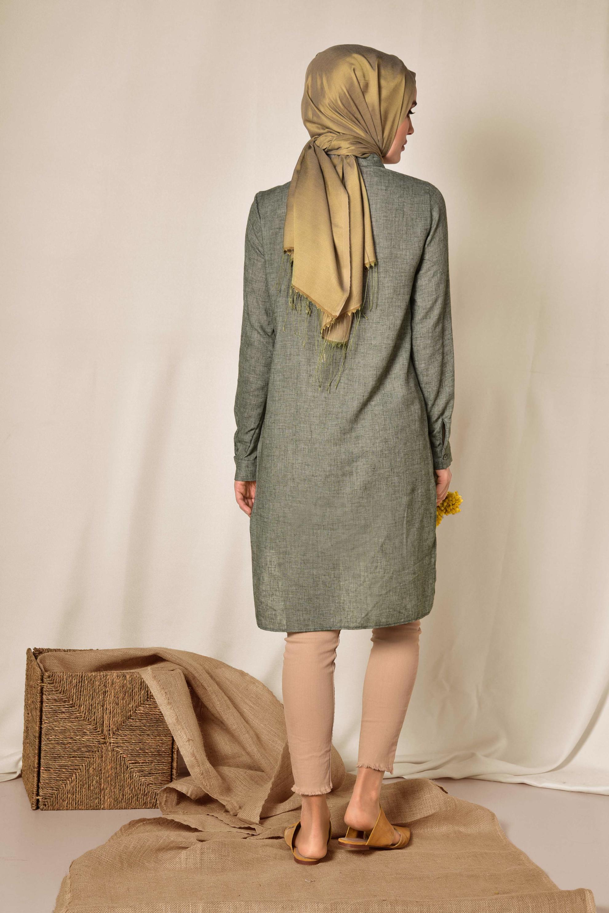 Tesettür giyim HAKİ CEPLİ ASİMETRİK KESİM KETEN TUNİK 4985