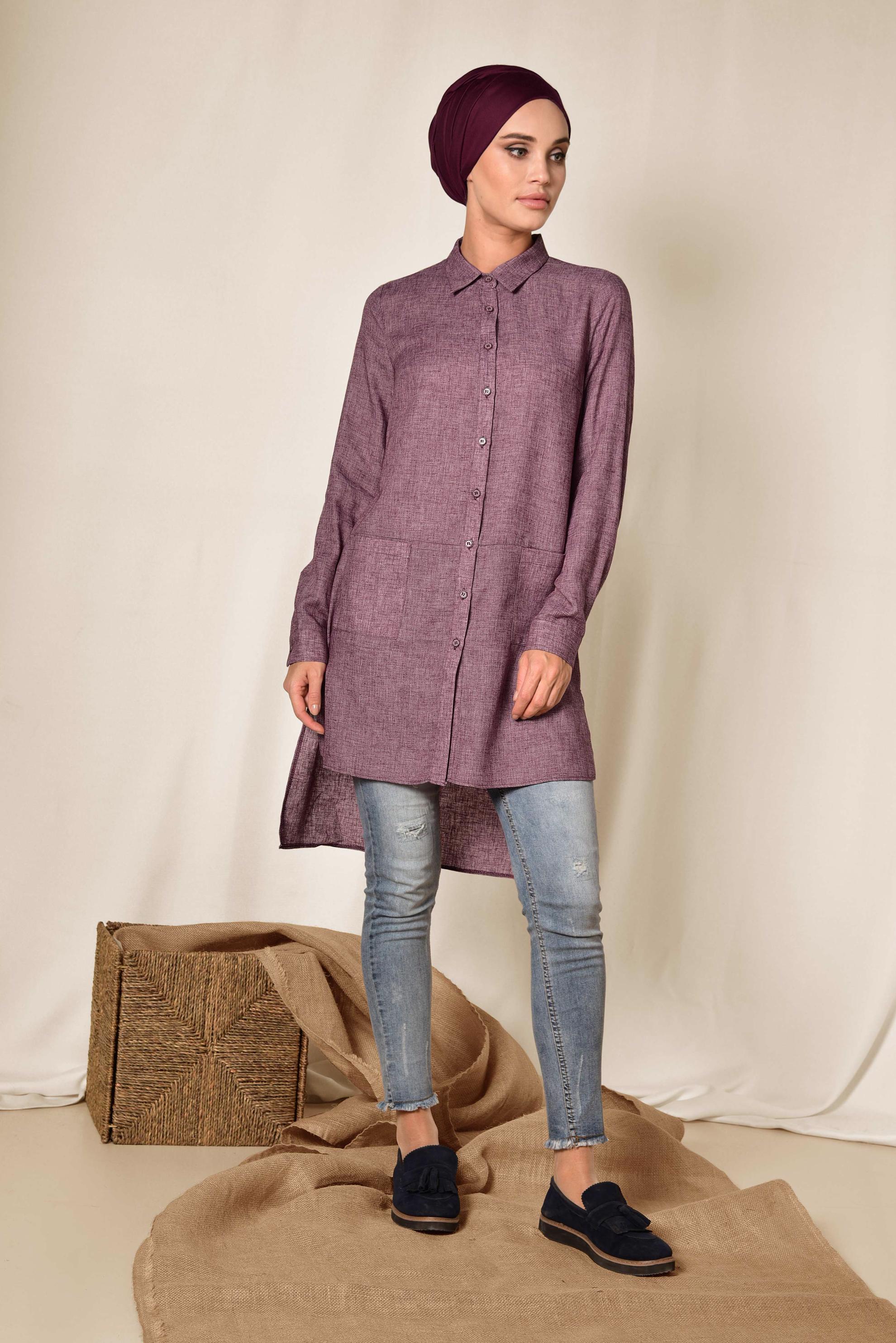 Tesettür giyim BORDO CEPLİ ASİMETRİK KESİM KETEN TUNİK 4985