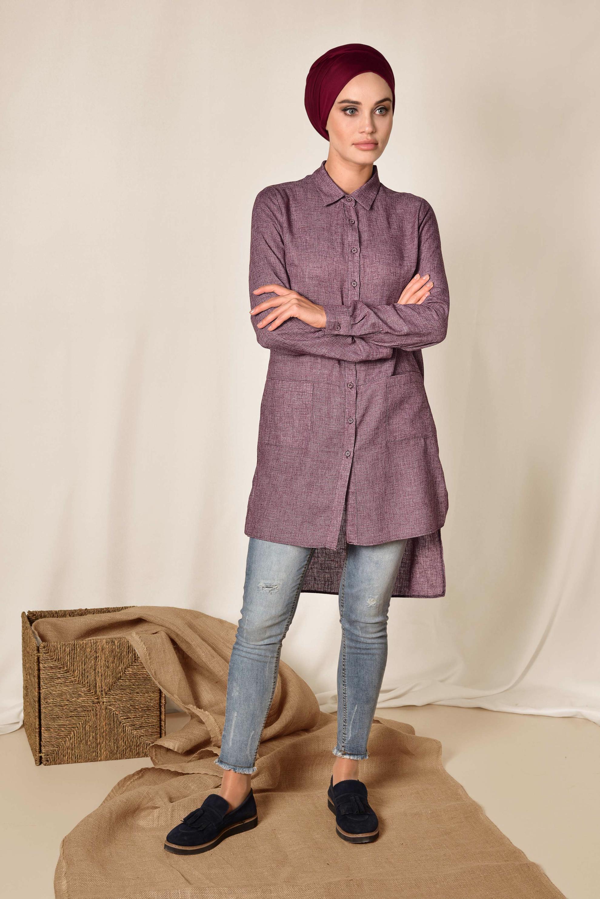 Tesettür giyim BORDO CEPLİ ASİMETRİK KESİM KETEN TUNİK 4985