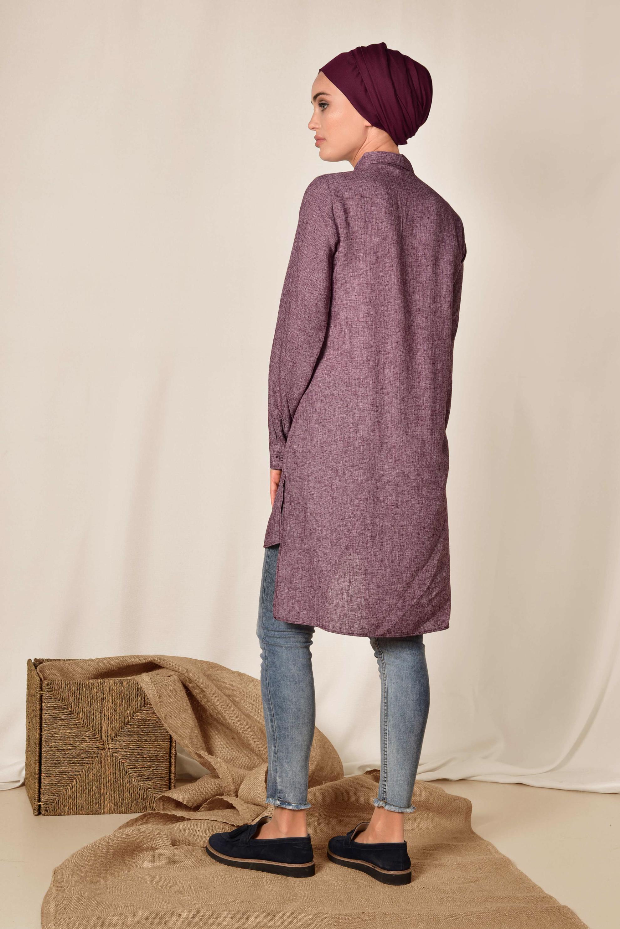 Tesettür giyim BORDO CEPLİ ASİMETRİK KESİM KETEN TUNİK 4985