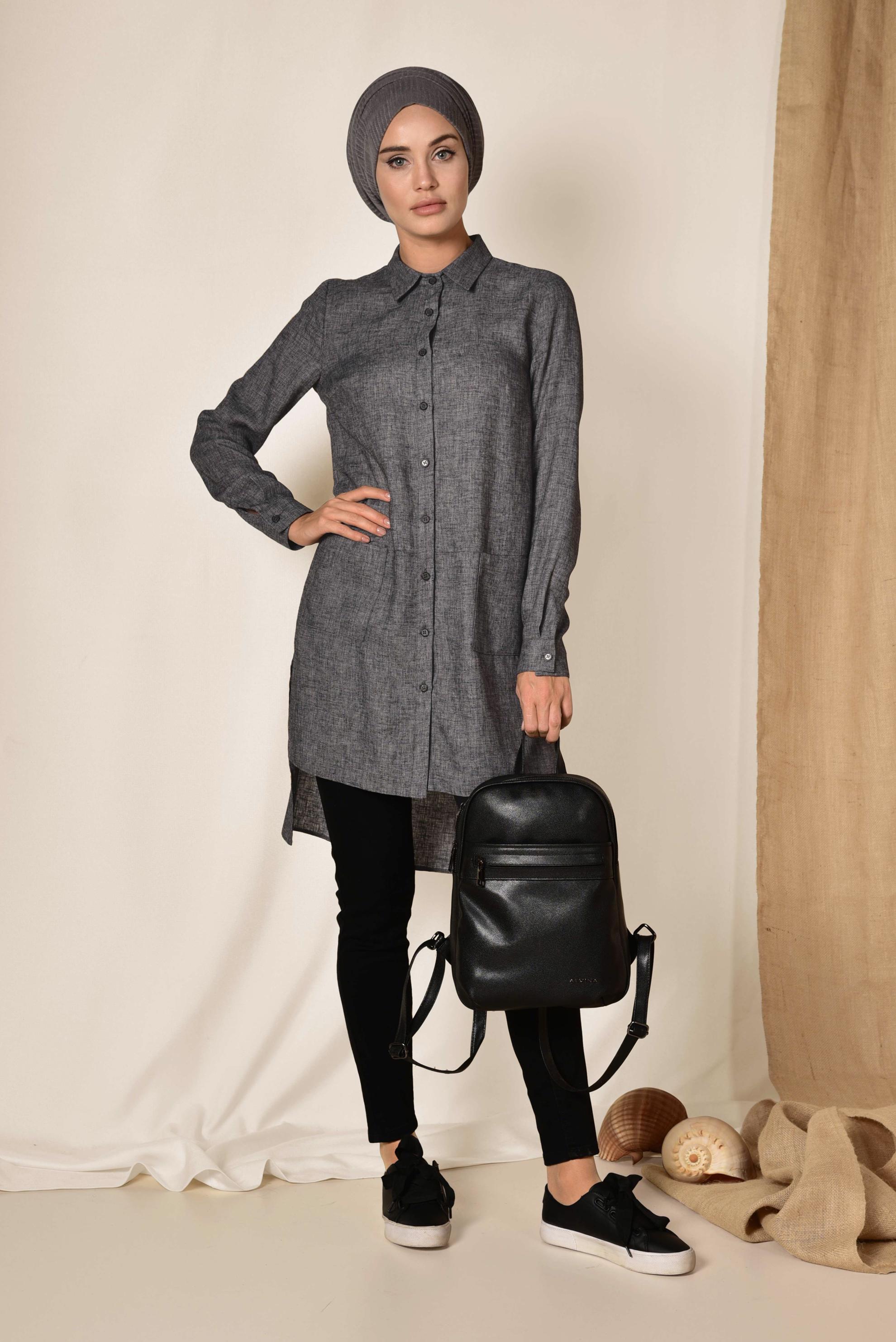 Tesettür giyim GRİ CEPLİ ASİMETRİK KESİM KETEN TUNİK 4985