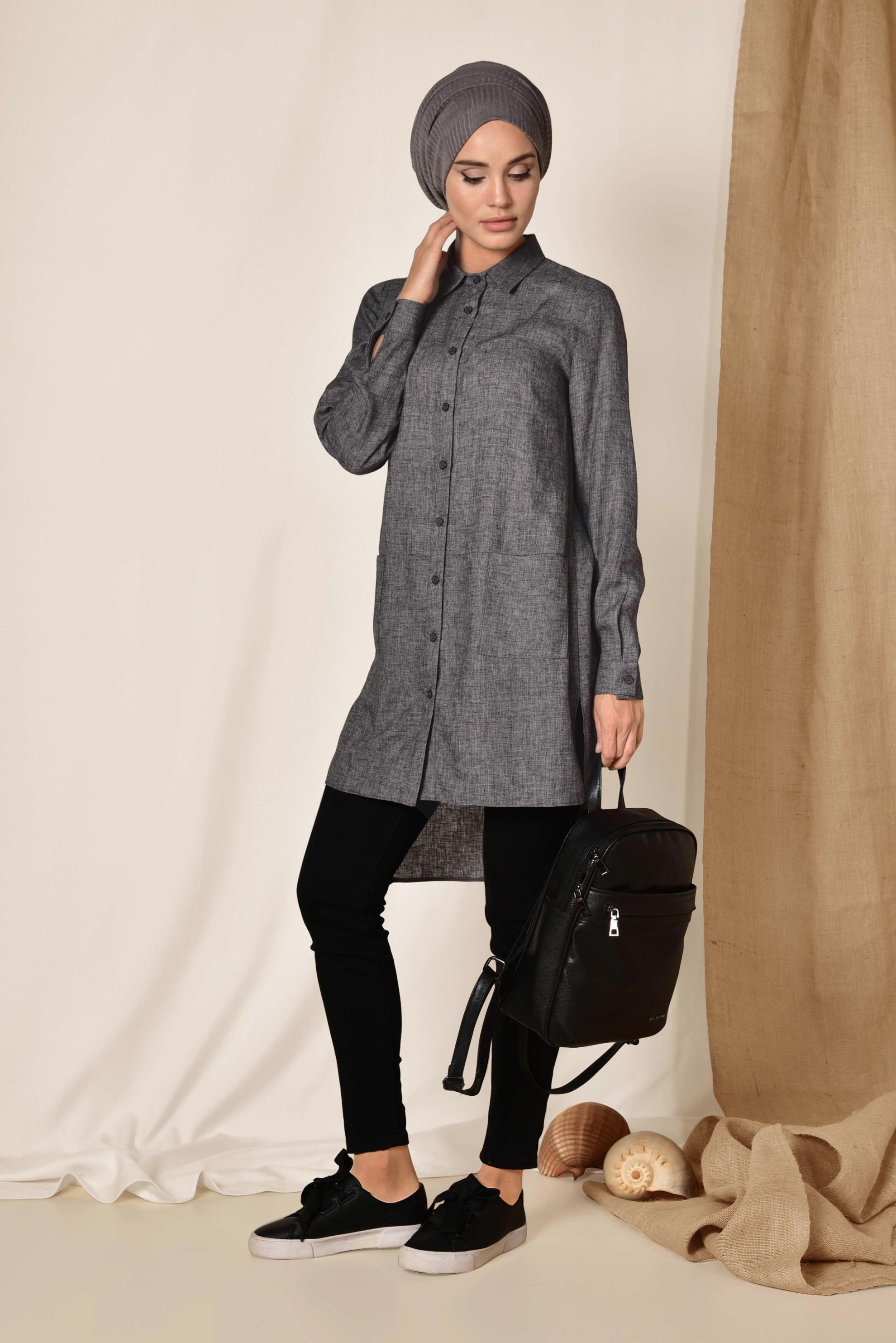 Tesettür giyim GRİ CEPLİ ASİMETRİK KESİM KETEN TUNİK 4985