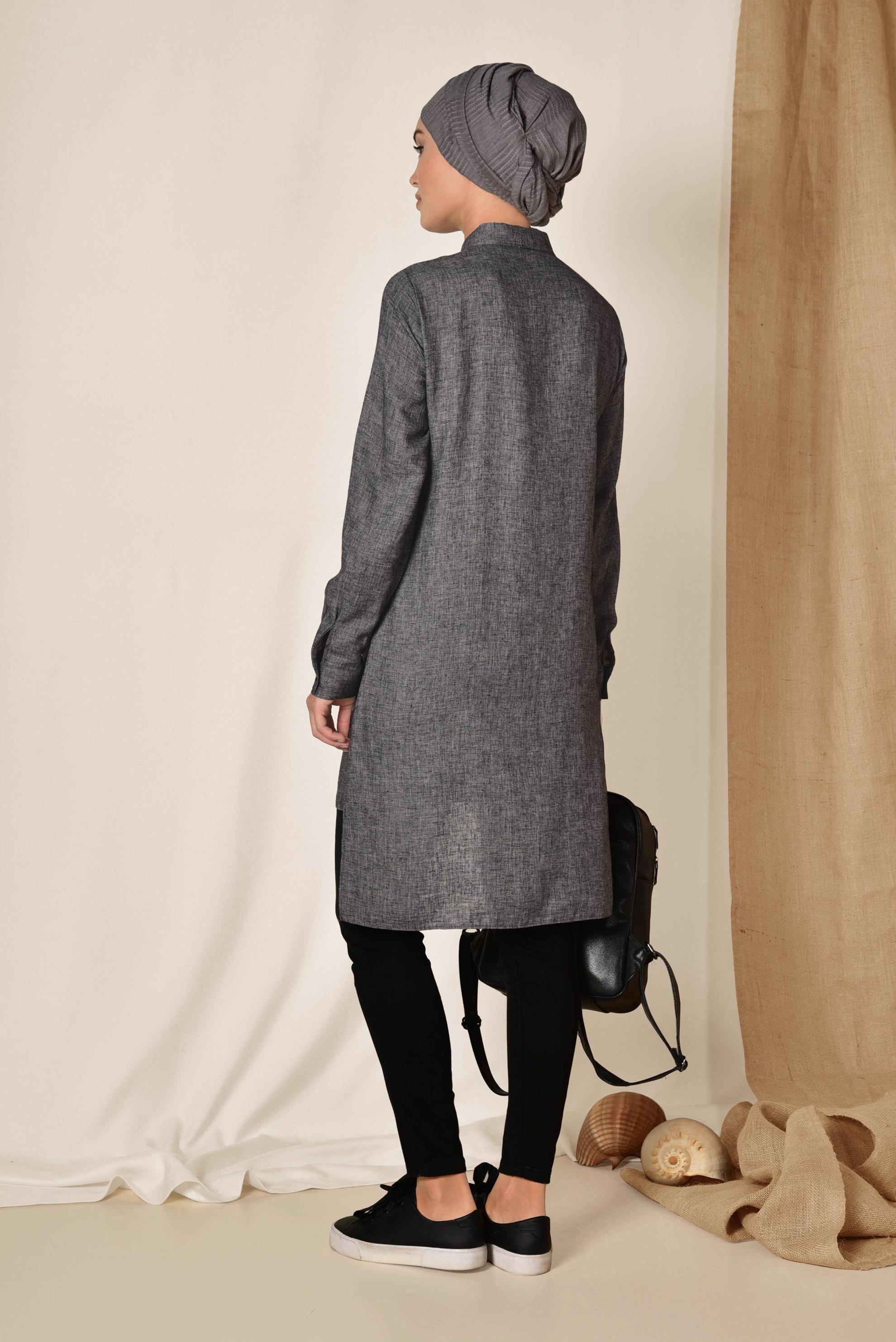 Tesettür giyim GRİ CEPLİ ASİMETRİK KESİM KETEN TUNİK 4985