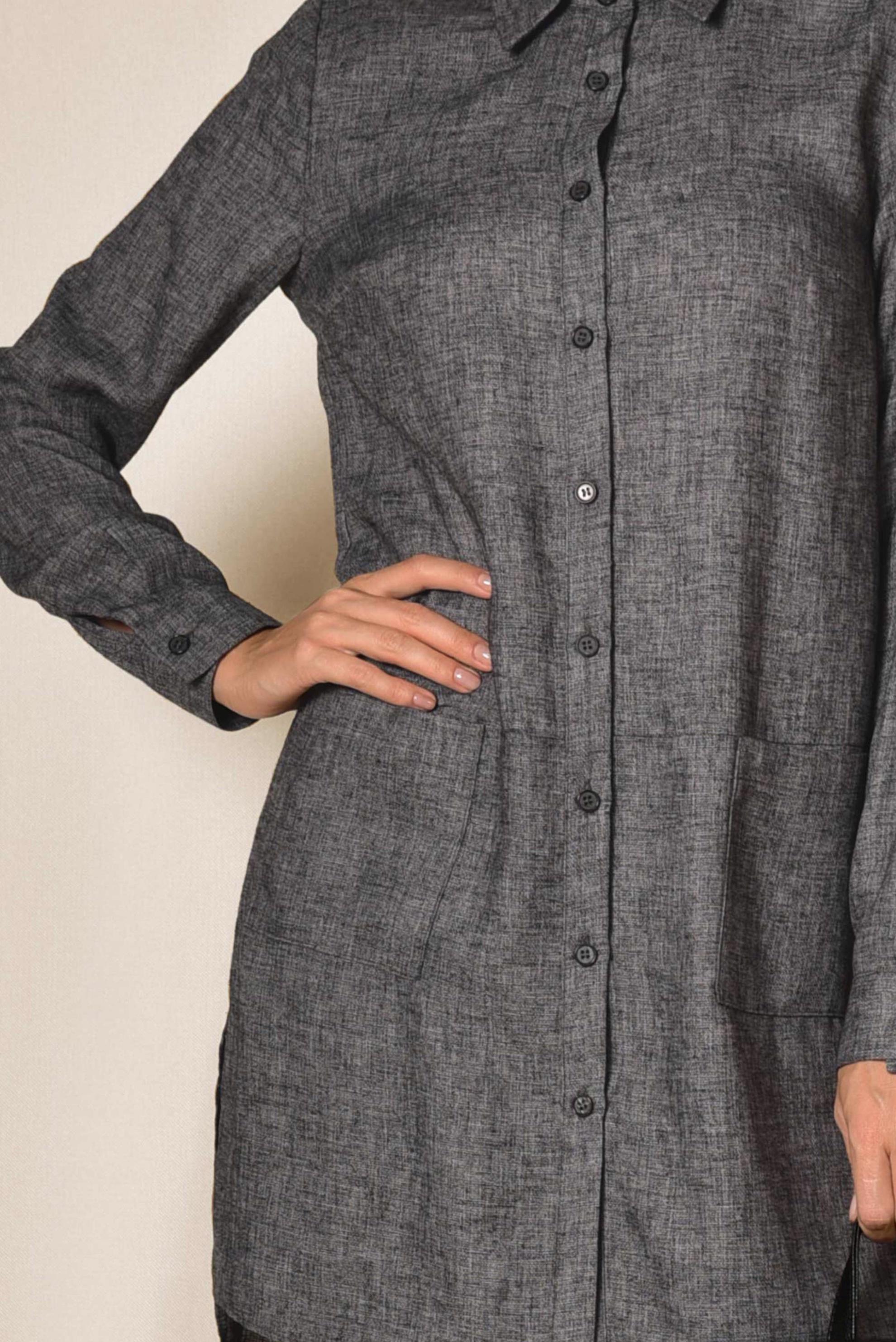 Tesettür giyim GRİ CEPLİ ASİMETRİK KESİM KETEN TUNİK 4985