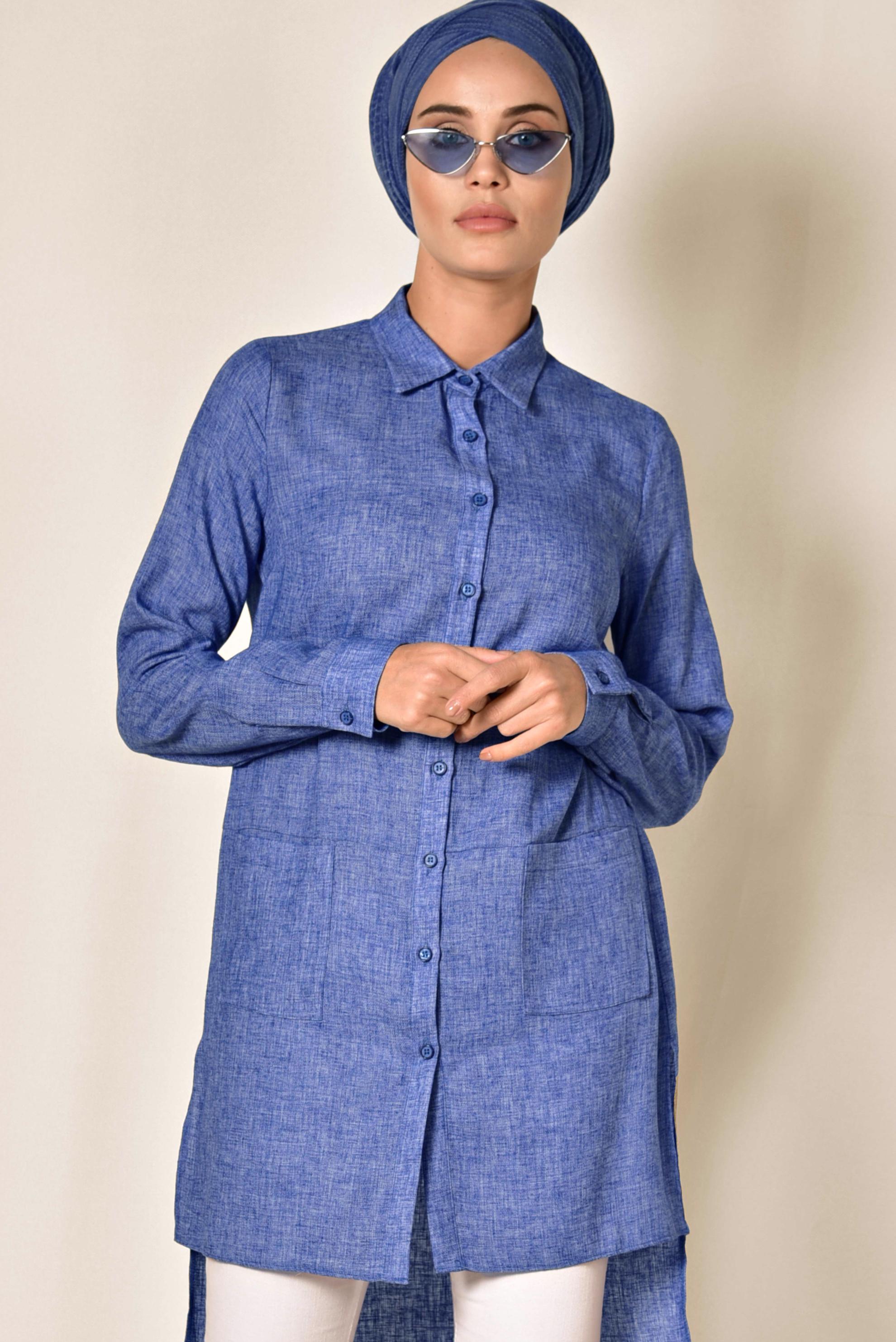 Tesettür giyim LACİVERT CEPLİ ASİMETRİK KESİM KETEN TUNİK 4985