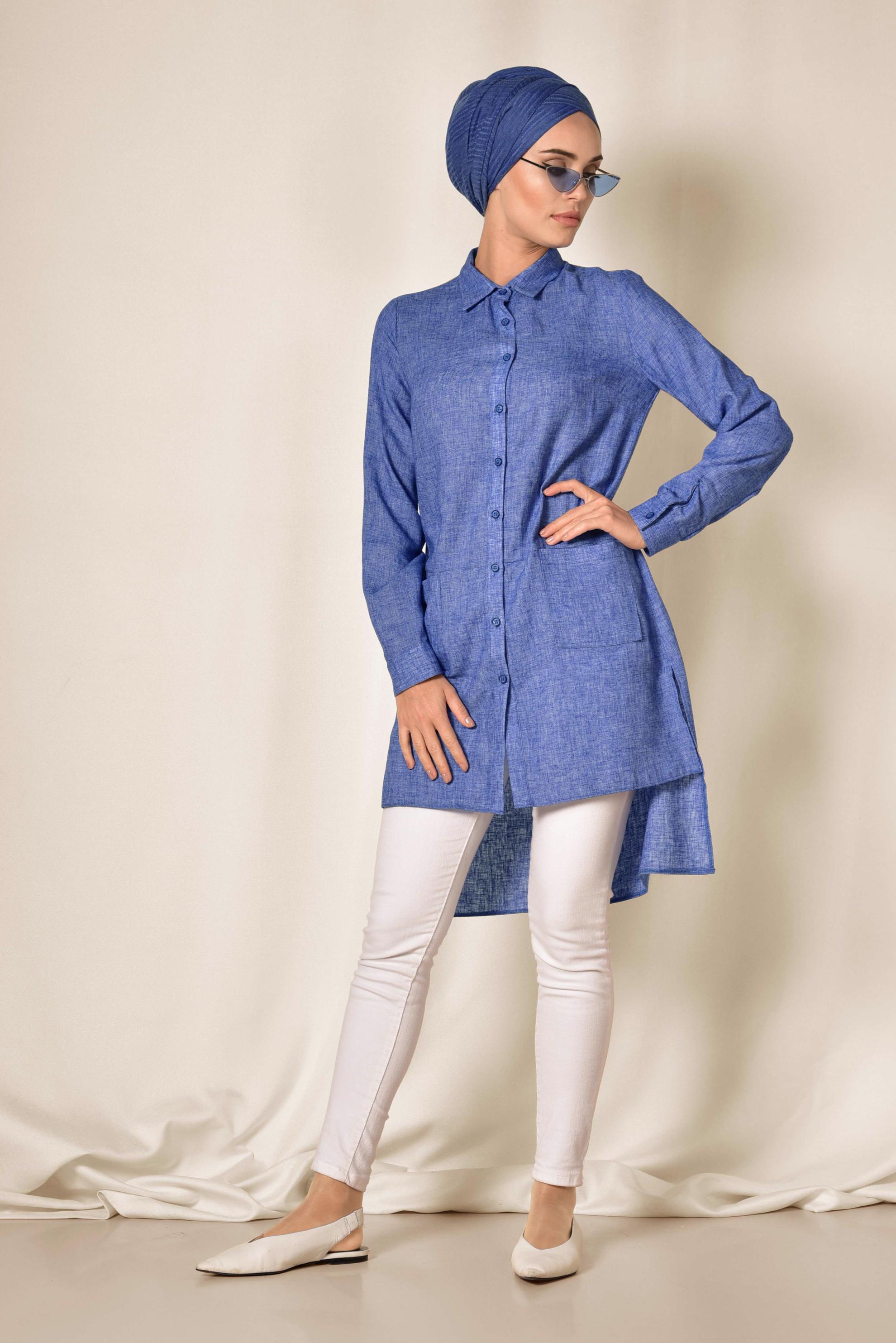 Tesettür giyim LACİVERT CEPLİ ASİMETRİK KESİM KETEN TUNİK 4985