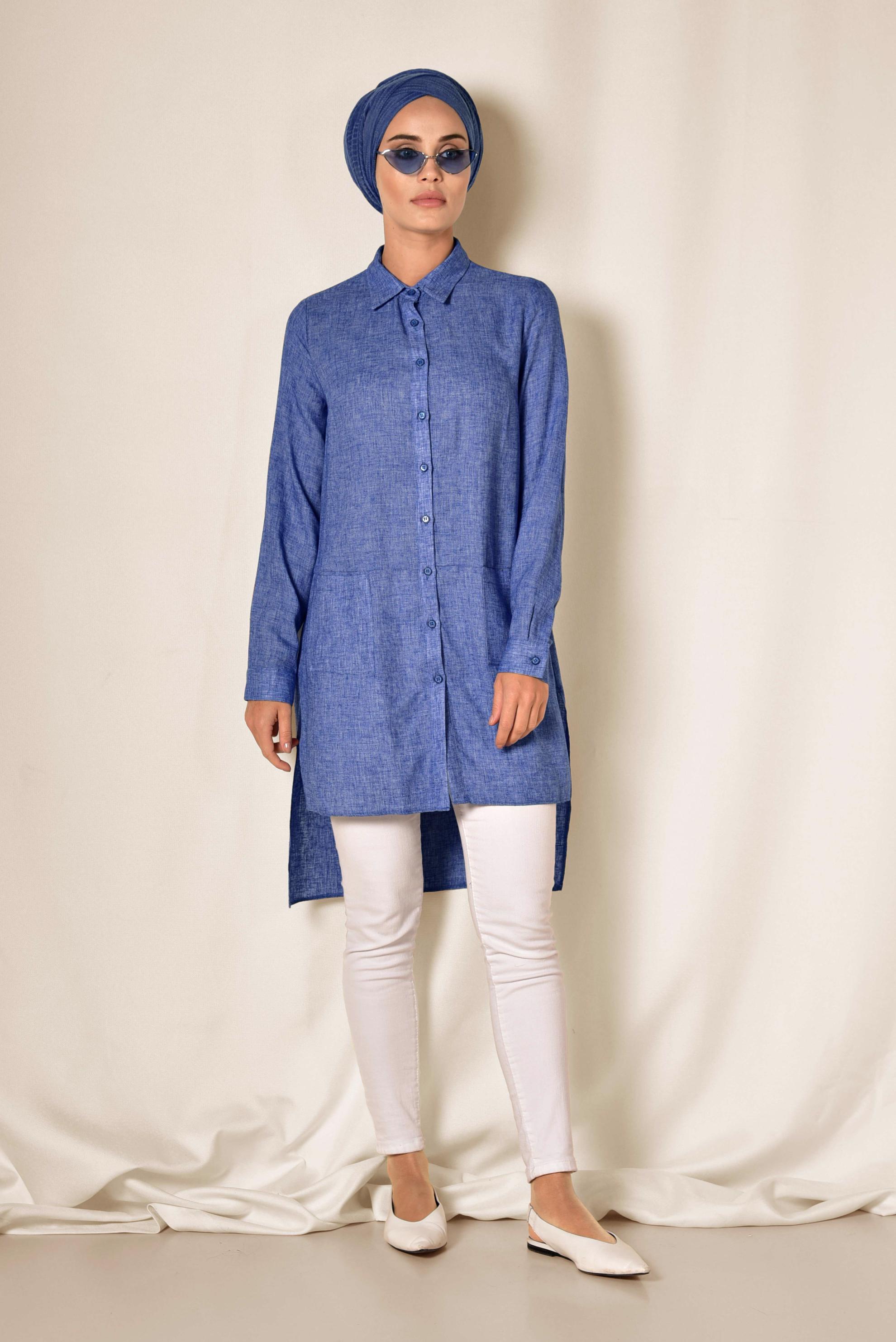 Tesettür giyim LACİVERT CEPLİ ASİMETRİK KESİM KETEN TUNİK 4985