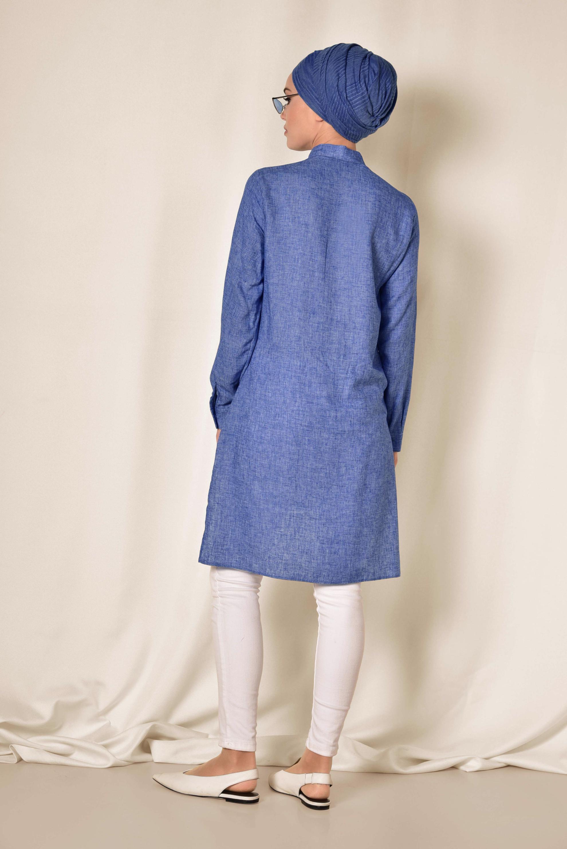 Tesettür giyim LACİVERT CEPLİ ASİMETRİK KESİM KETEN TUNİK 4985