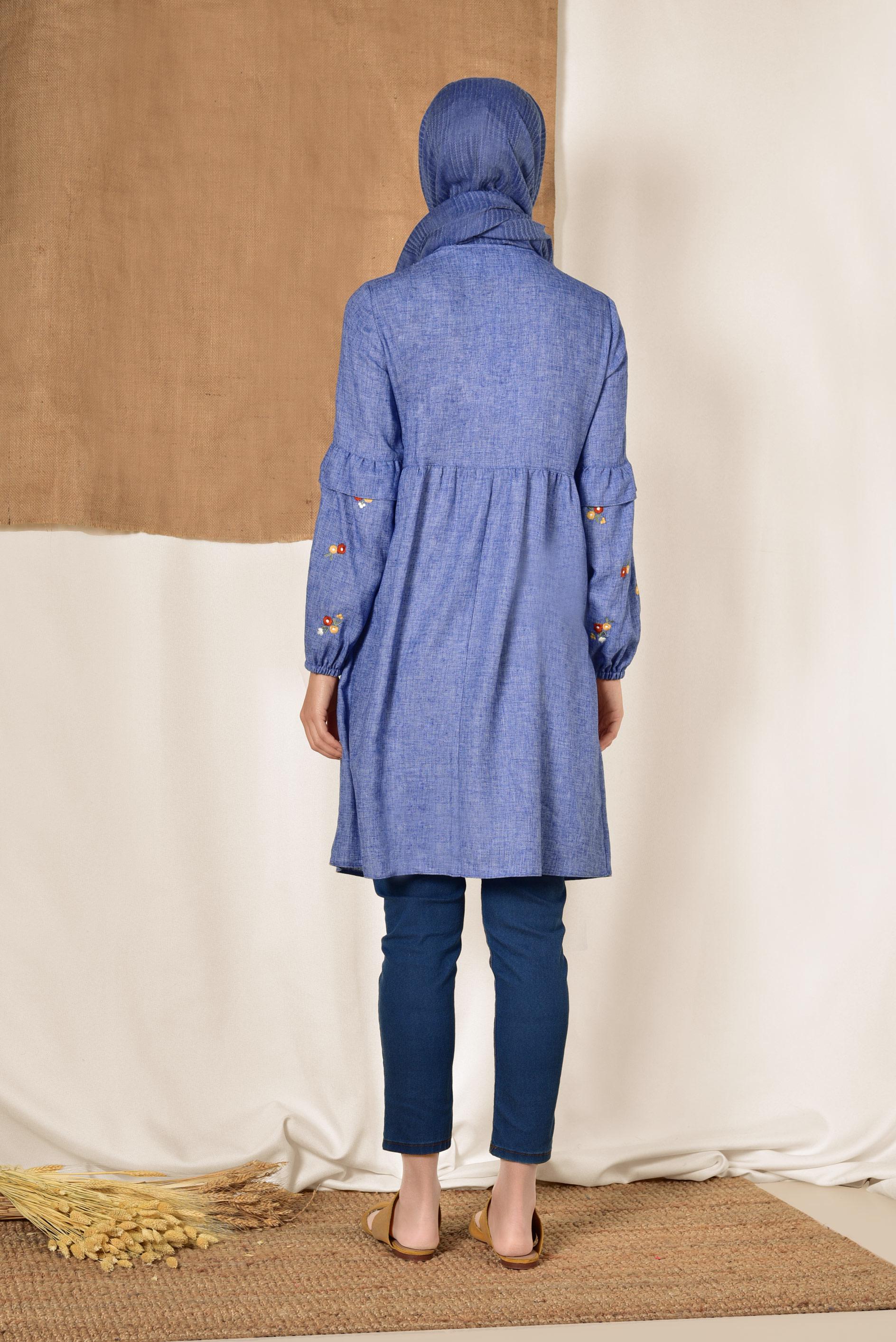 Tesettür giyim LACİVERT NAKIŞ İŞLEMELİ VOLANLI TUNİK 4986