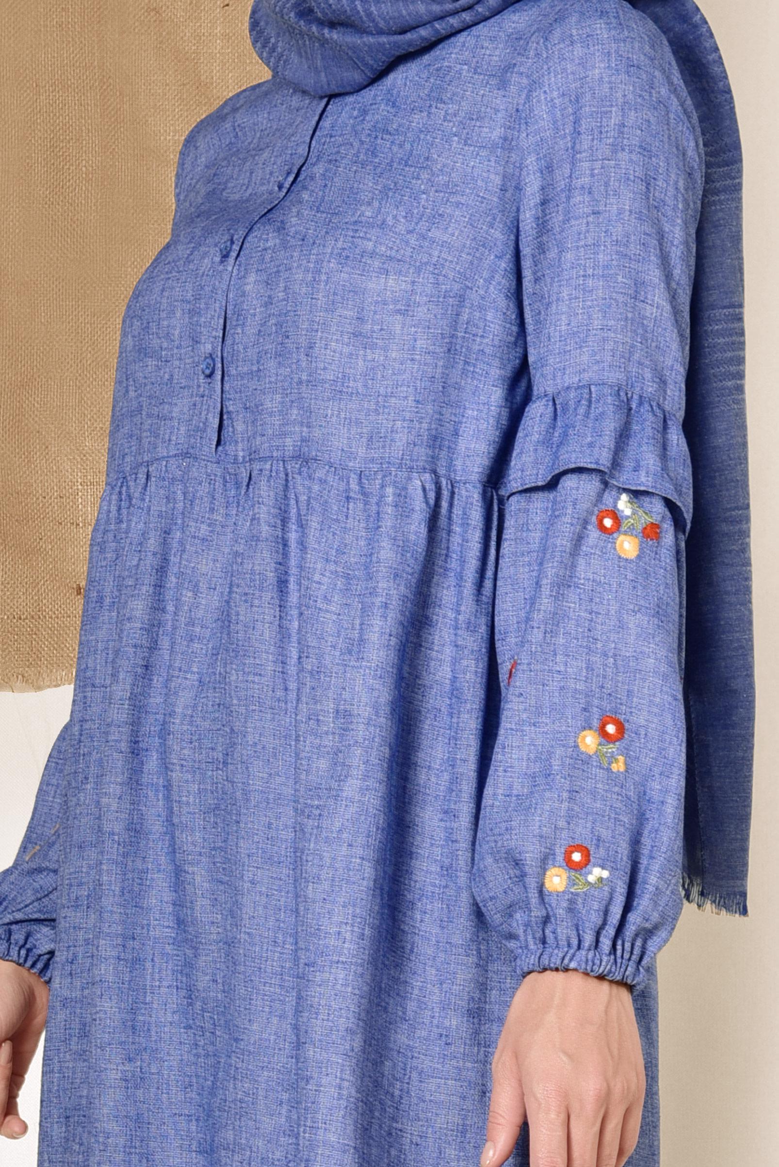 Tesettür giyim LACİVERT NAKIŞ İŞLEMELİ VOLANLI TUNİK 4986