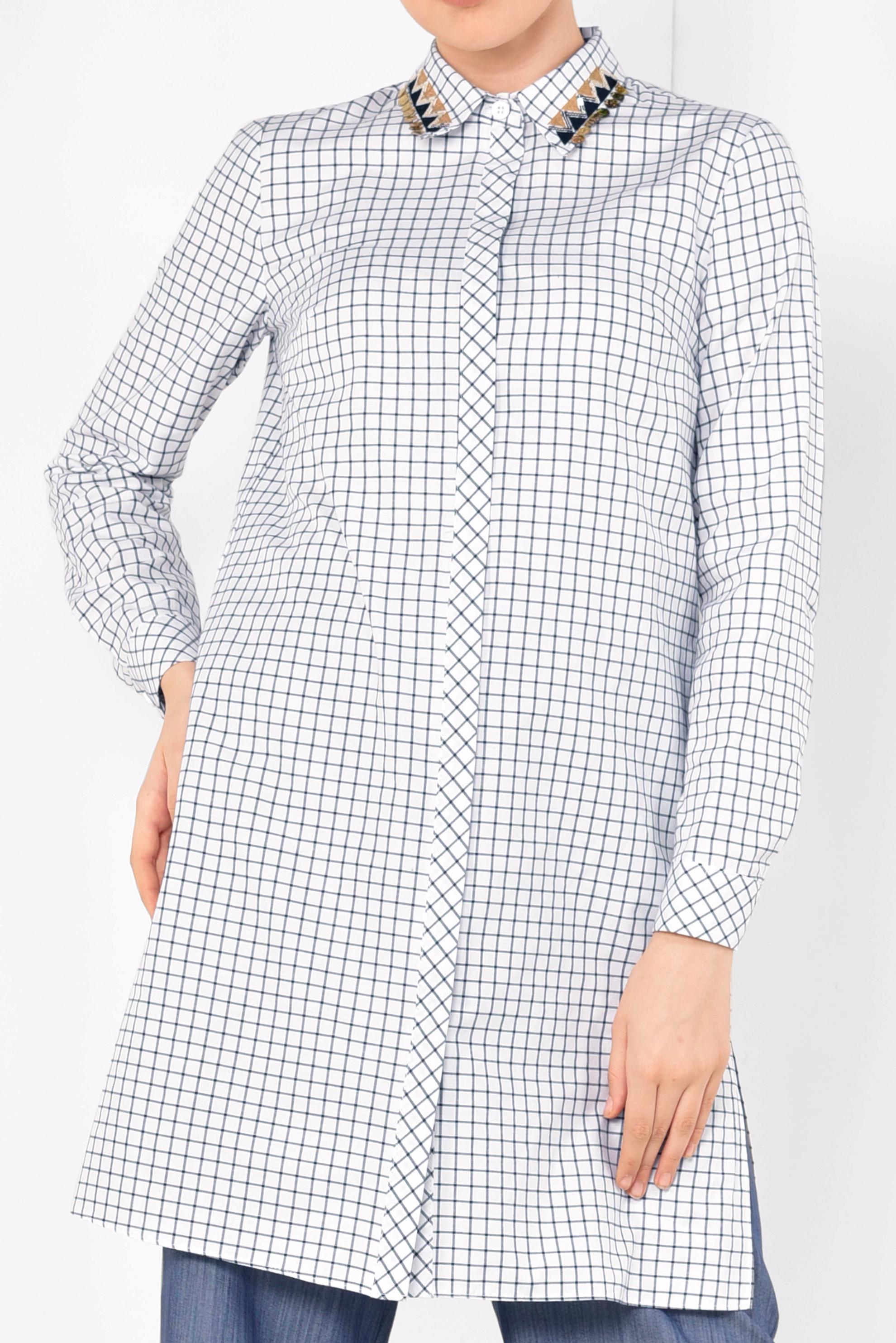 Tesettür giyim EKRU YAKASI NAKIŞLI KARE DESENLİ TUNİK 4988