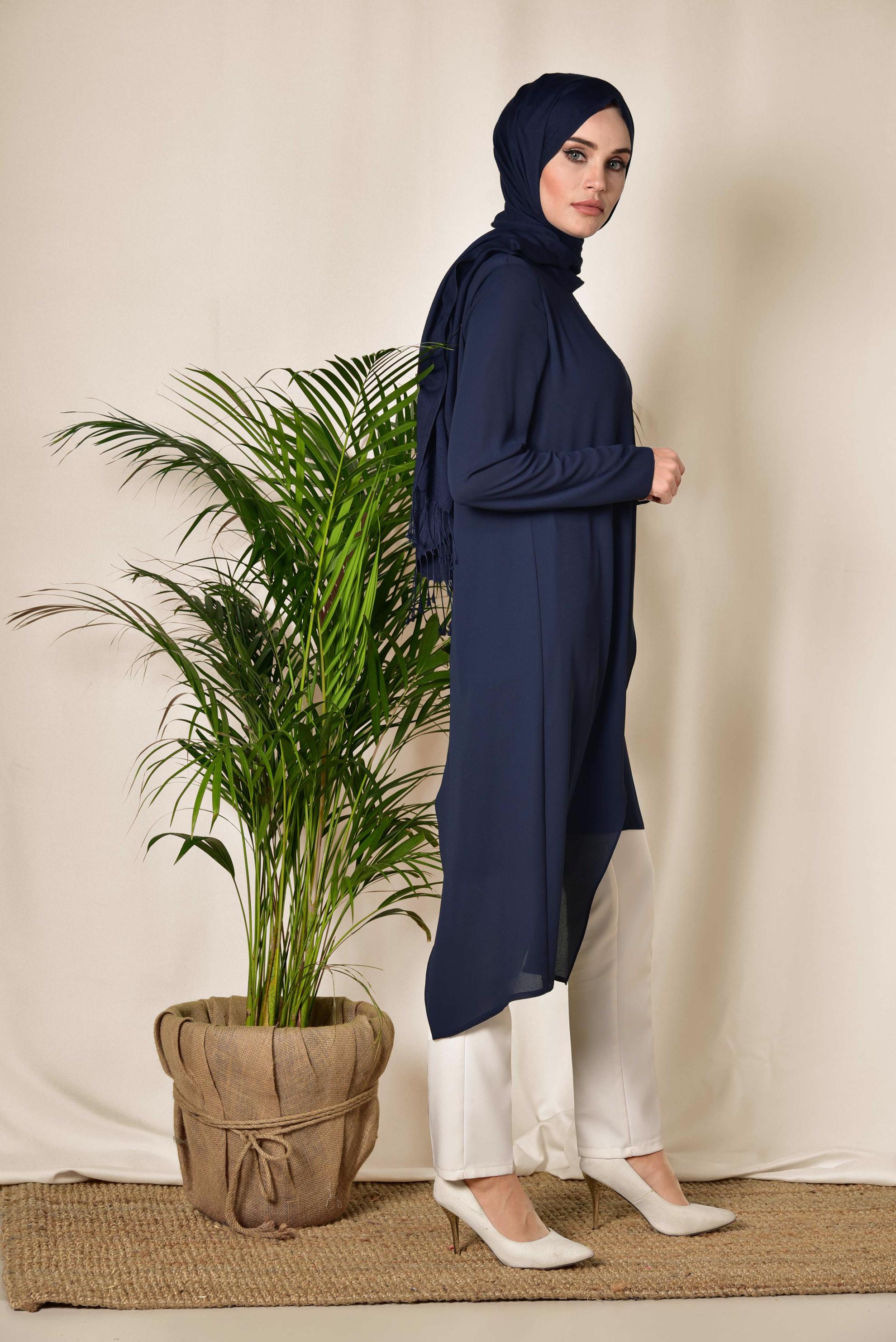 Tesettür giyim LACİVERT TAŞ DETAYLI VOLANLI ASİMETRİK TUNİK 4990