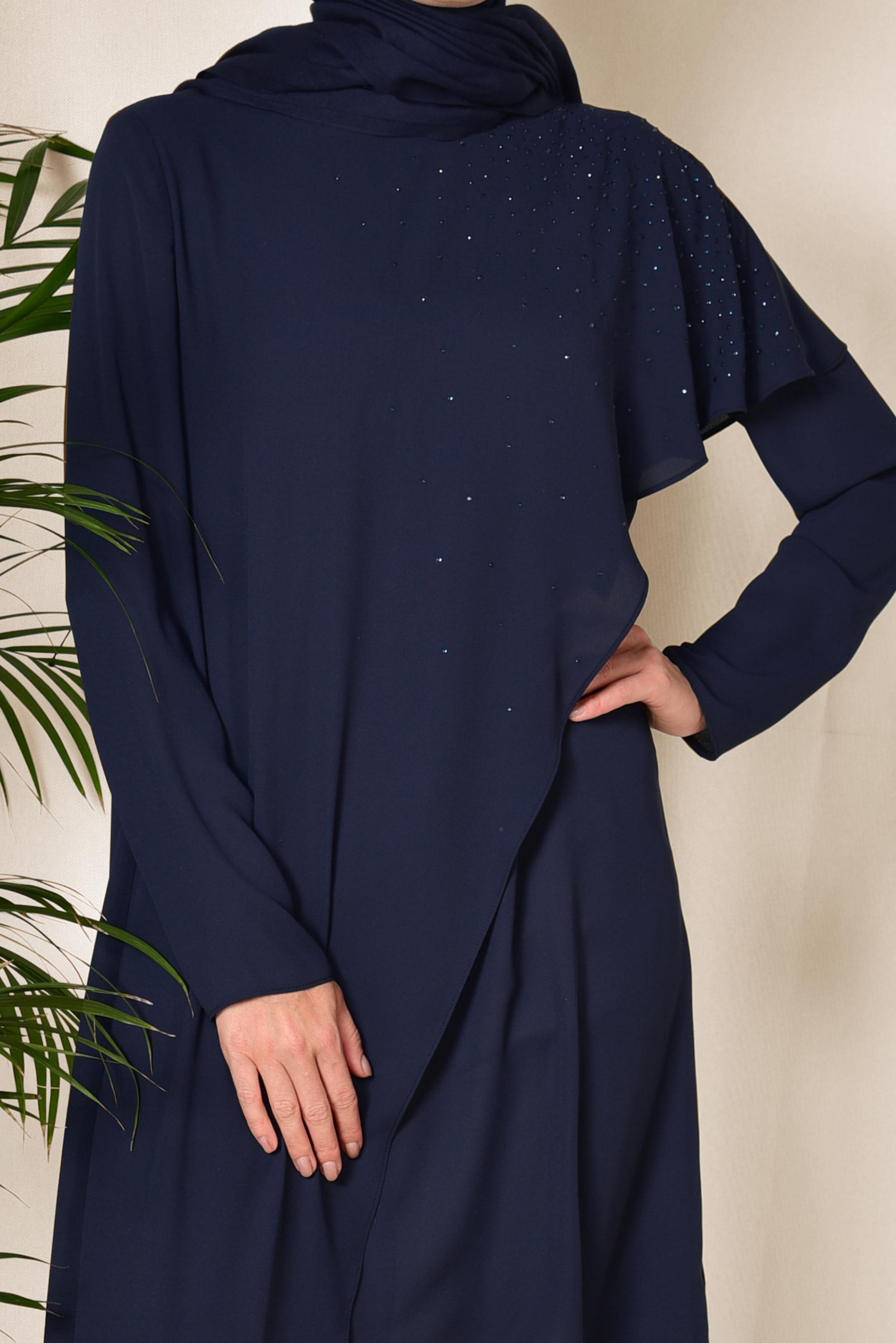Tesettür giyim LACİVERT TAŞ DETAYLI VOLANLI ASİMETRİK TUNİK 4990