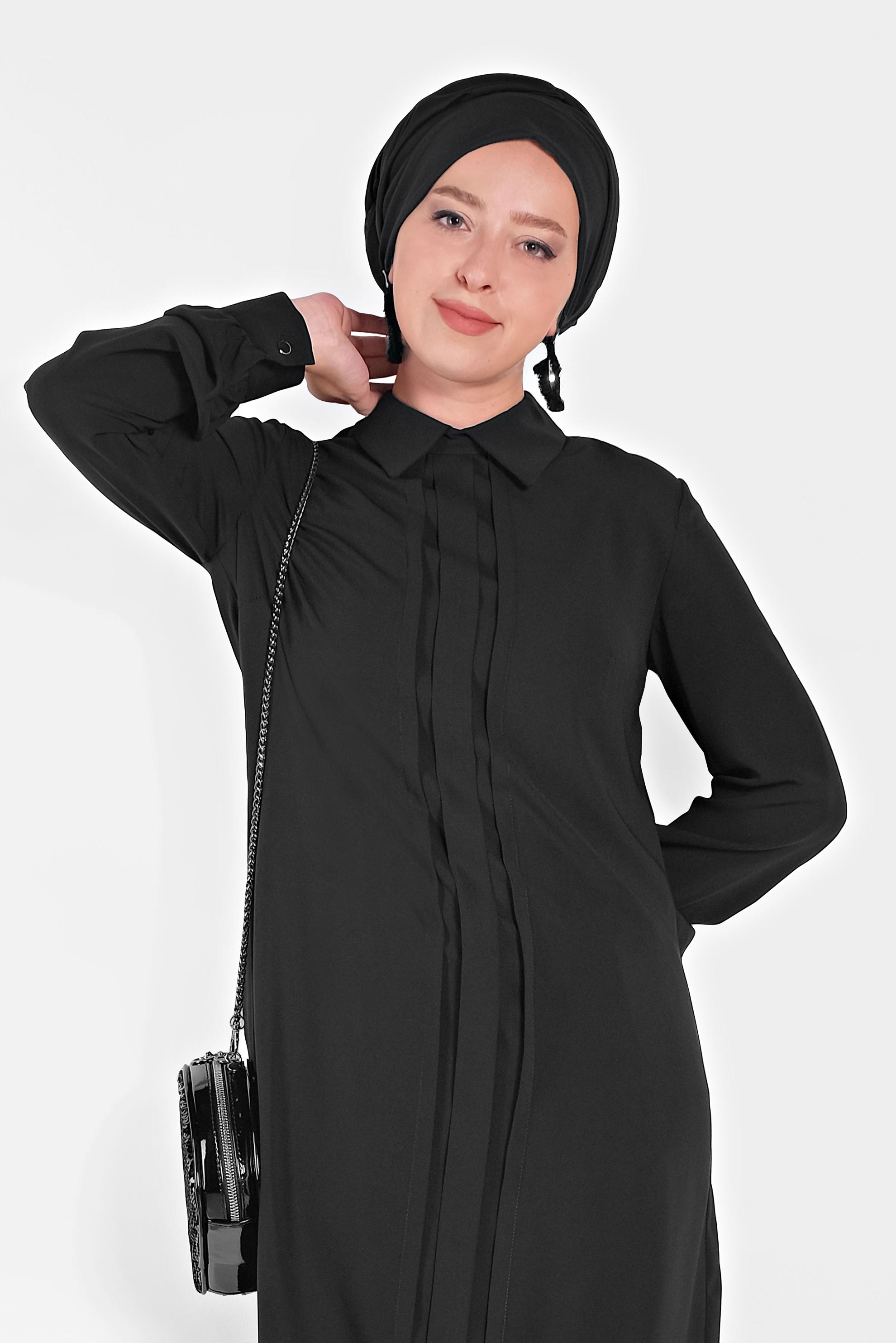 Tesettür giyim SİYAH MANŞETLERİ DÜĞMELİ ERKEK YAKA TUNİK 4032-2 