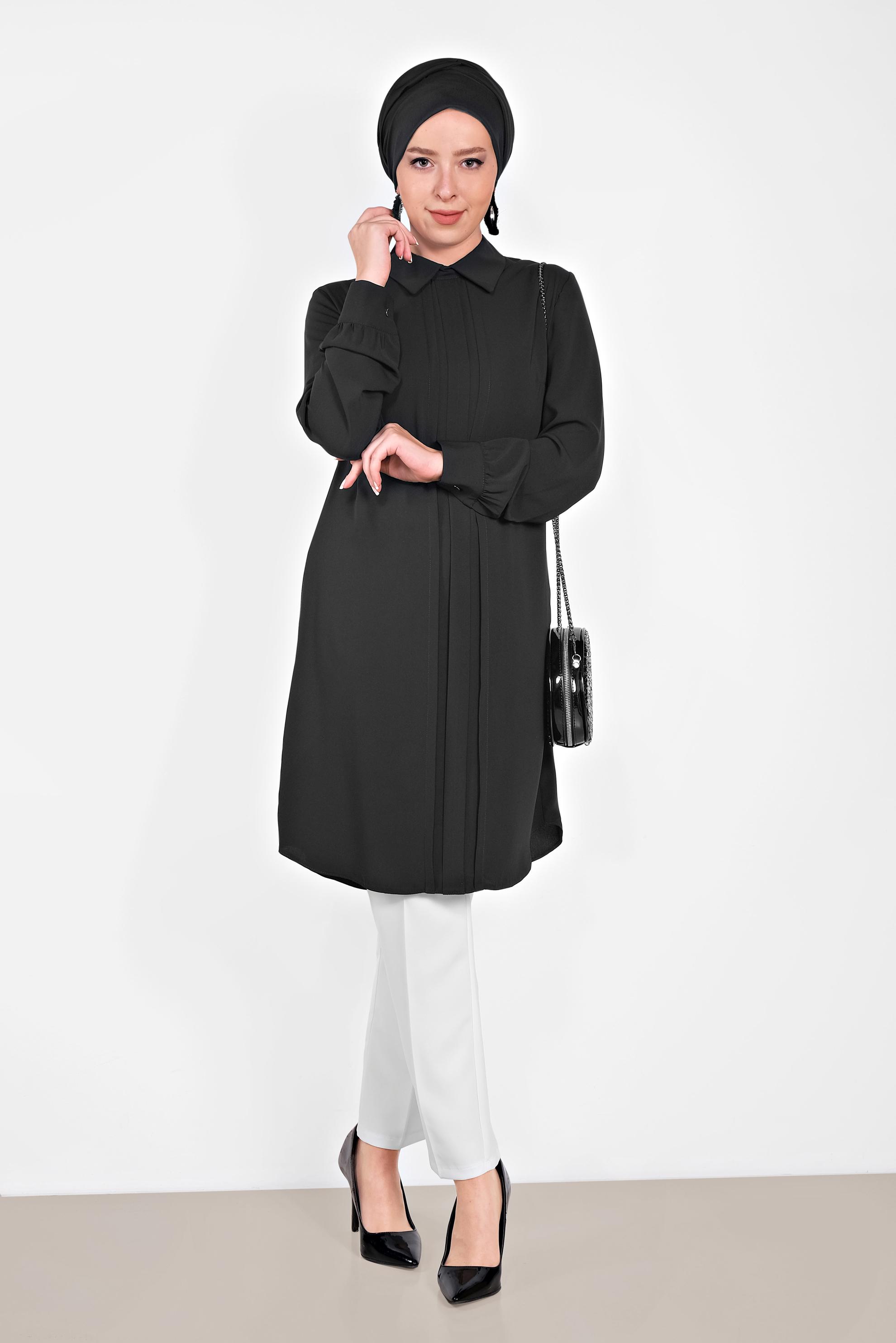 Tesettür giyim SİYAH MANŞETLERİ DÜĞMELİ ERKEK YAKA TUNİK 4032-2 