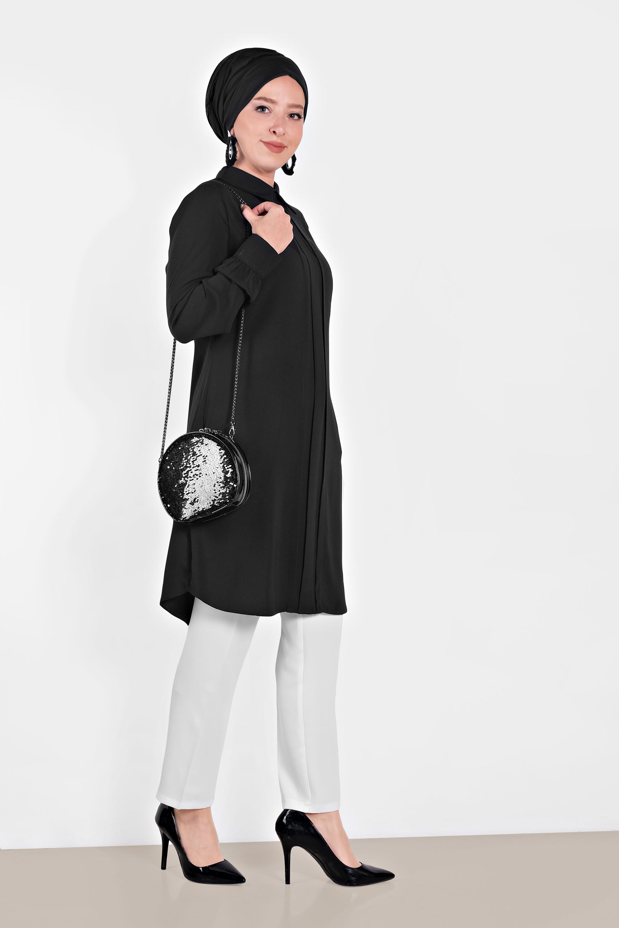 Tesettür giyim SİYAH MANŞETLERİ DÜĞMELİ ERKEK YAKA TUNİK 4032-2 