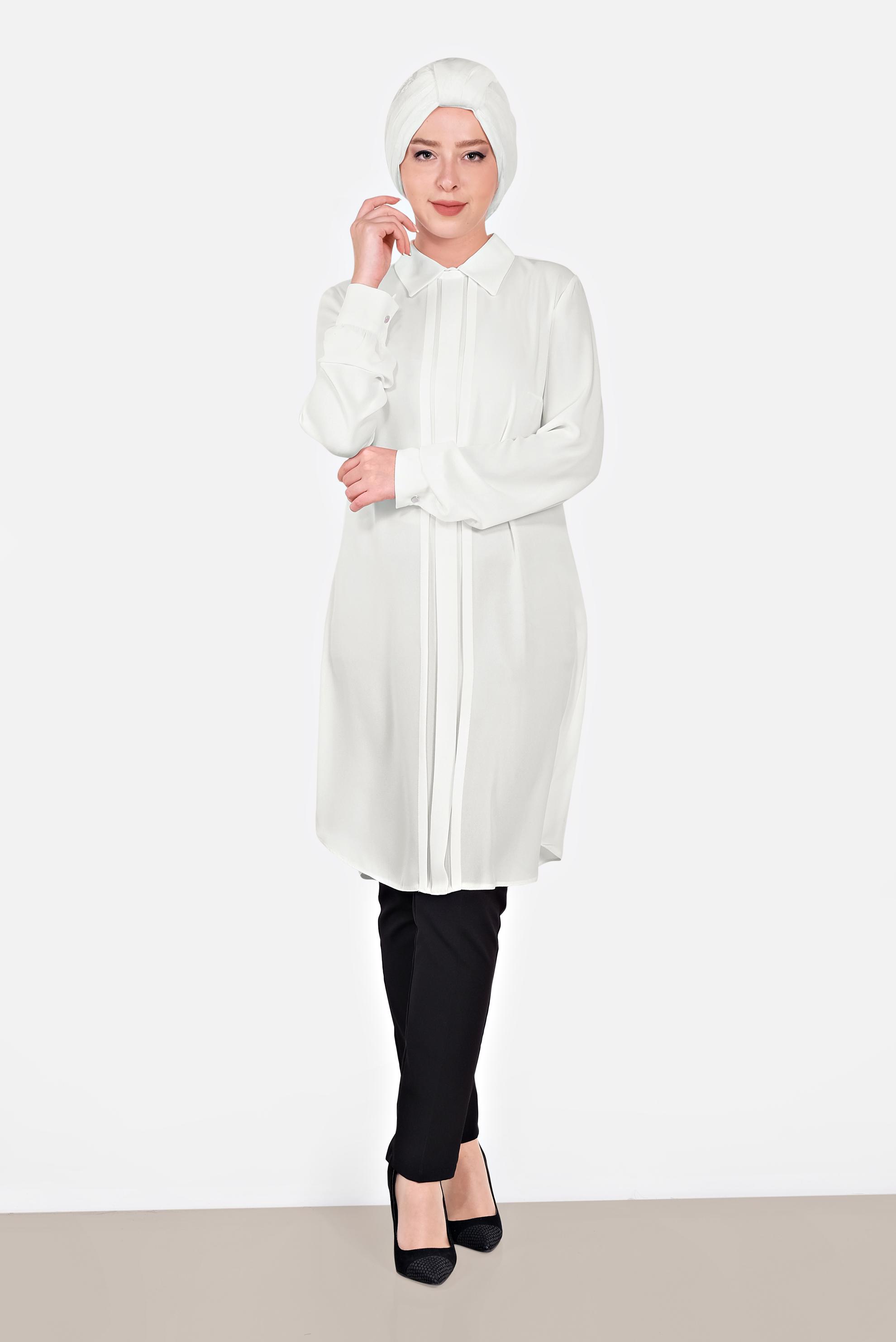 Tesettür giyim BEYAZ MANŞETLERİ DÜĞMELİ ERKEK YAKA TUNİK 4032-2 