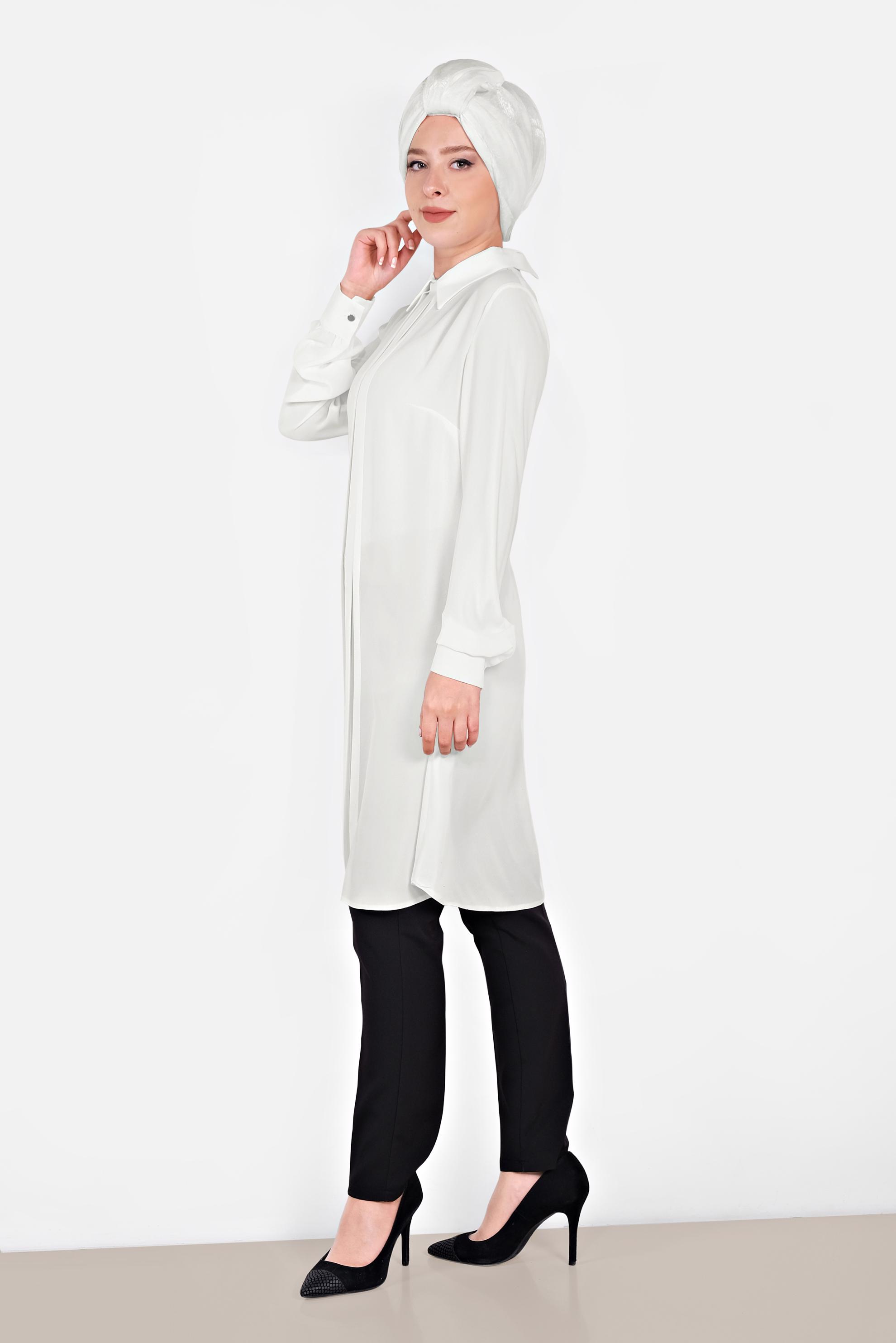 Tesettür giyim BEYAZ MANŞETLERİ DÜĞMELİ ERKEK YAKA TUNİK 4032-2 