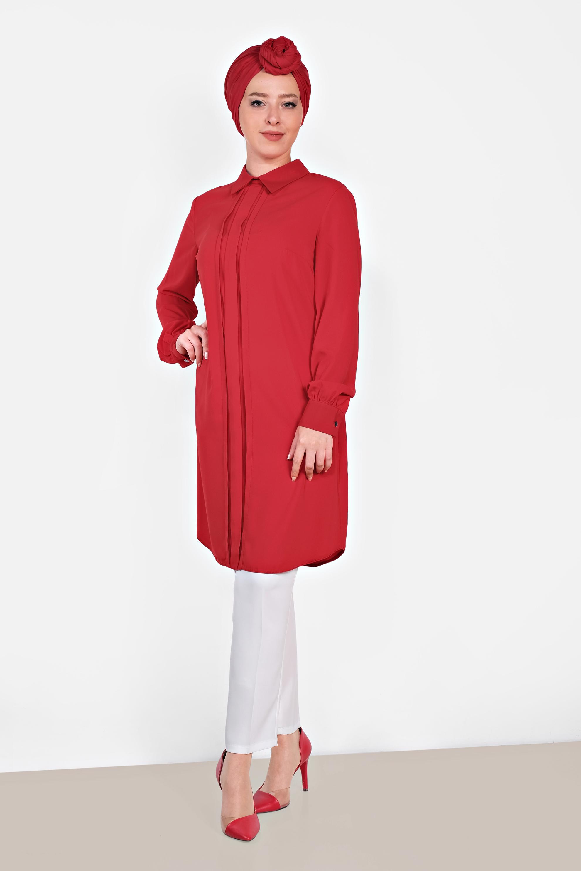 Tesettür giyim KIRMIZI MANŞETLERİ DÜĞMELİ ERKEK YAKA TUNİK 4032-2 